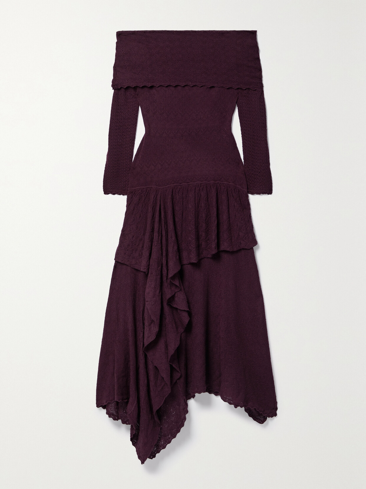 Ulla Johnson - Ambrosia Off-the-shoulder Tiered Pointelle-knit Wool Midi Dress - Burgundy