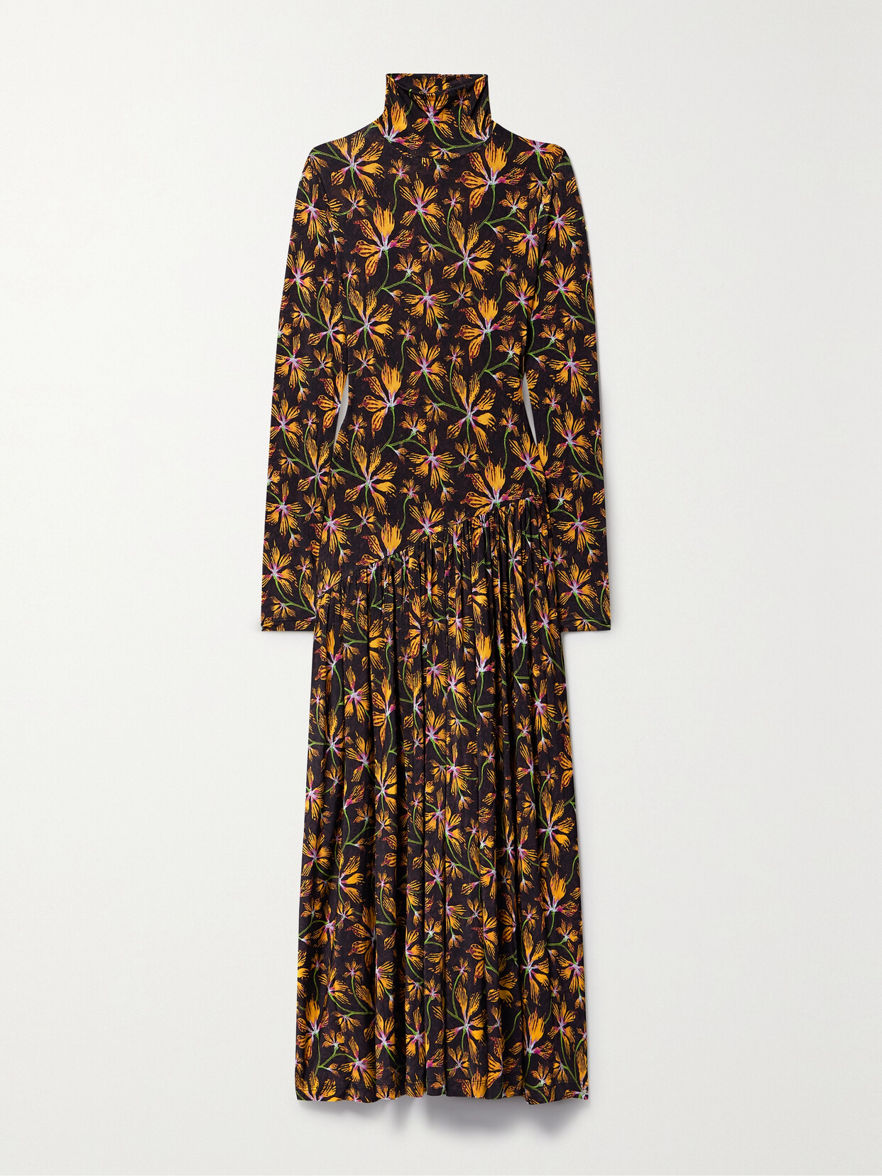 ULLA JOHNSON FERNANDA GATHERED FLORAL-PRINT STRETCH-JERSEY TURTLENECK DRESS