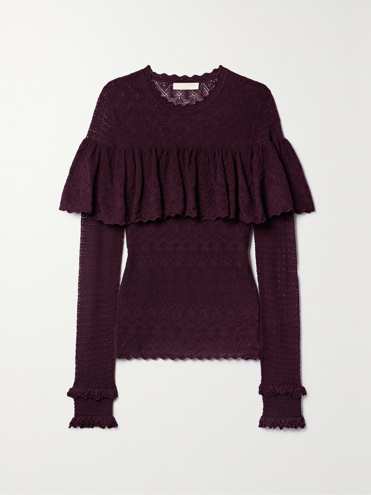 ULLA JOHNSON AUGUSTINA RUFFLED POINTELLE-KNIT WOOL SWEATER