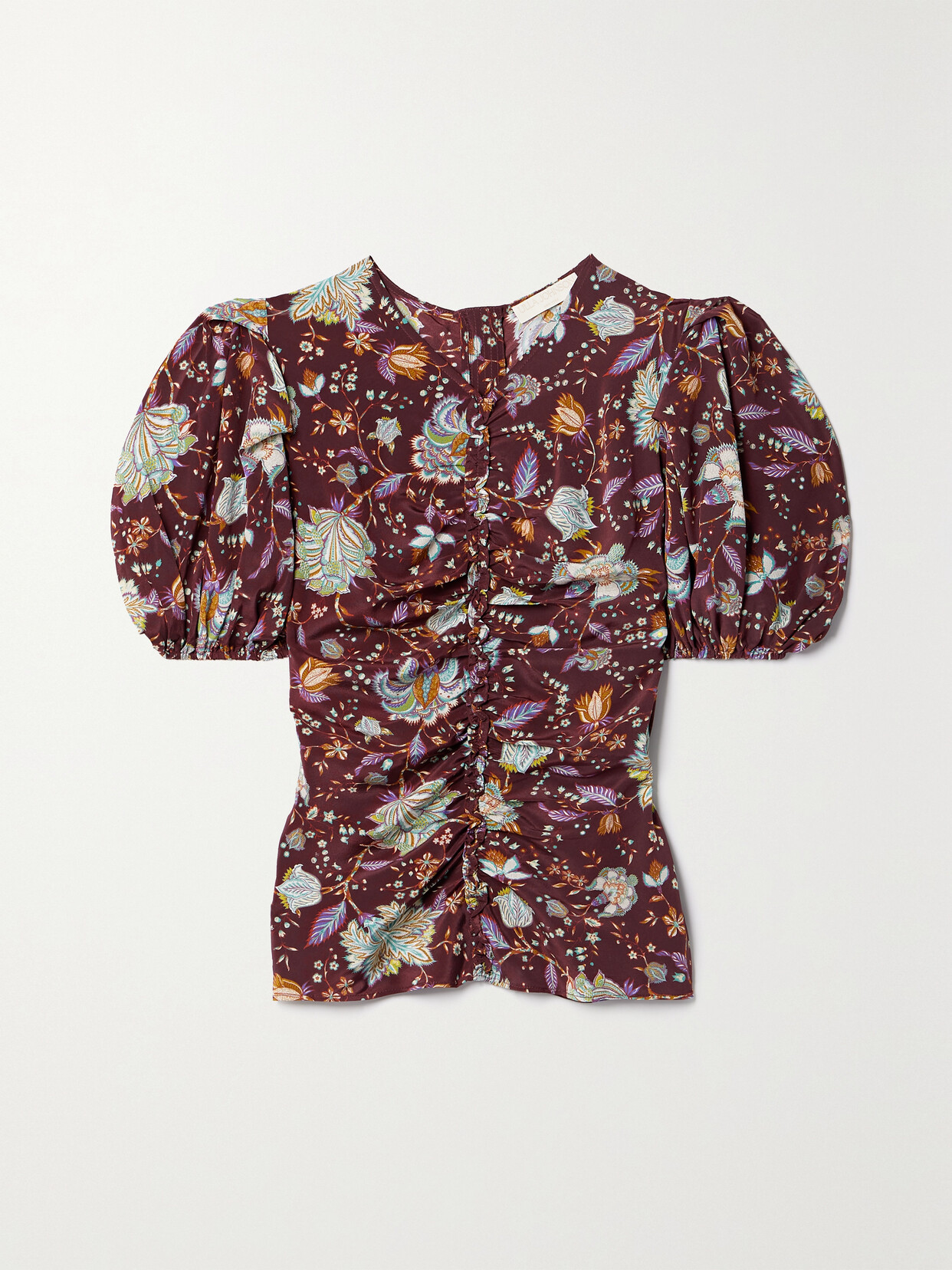 ULLA JOHNSON ELISE RUCHED FLORAL-PRINT SILK CREPE DE CHINE TOP