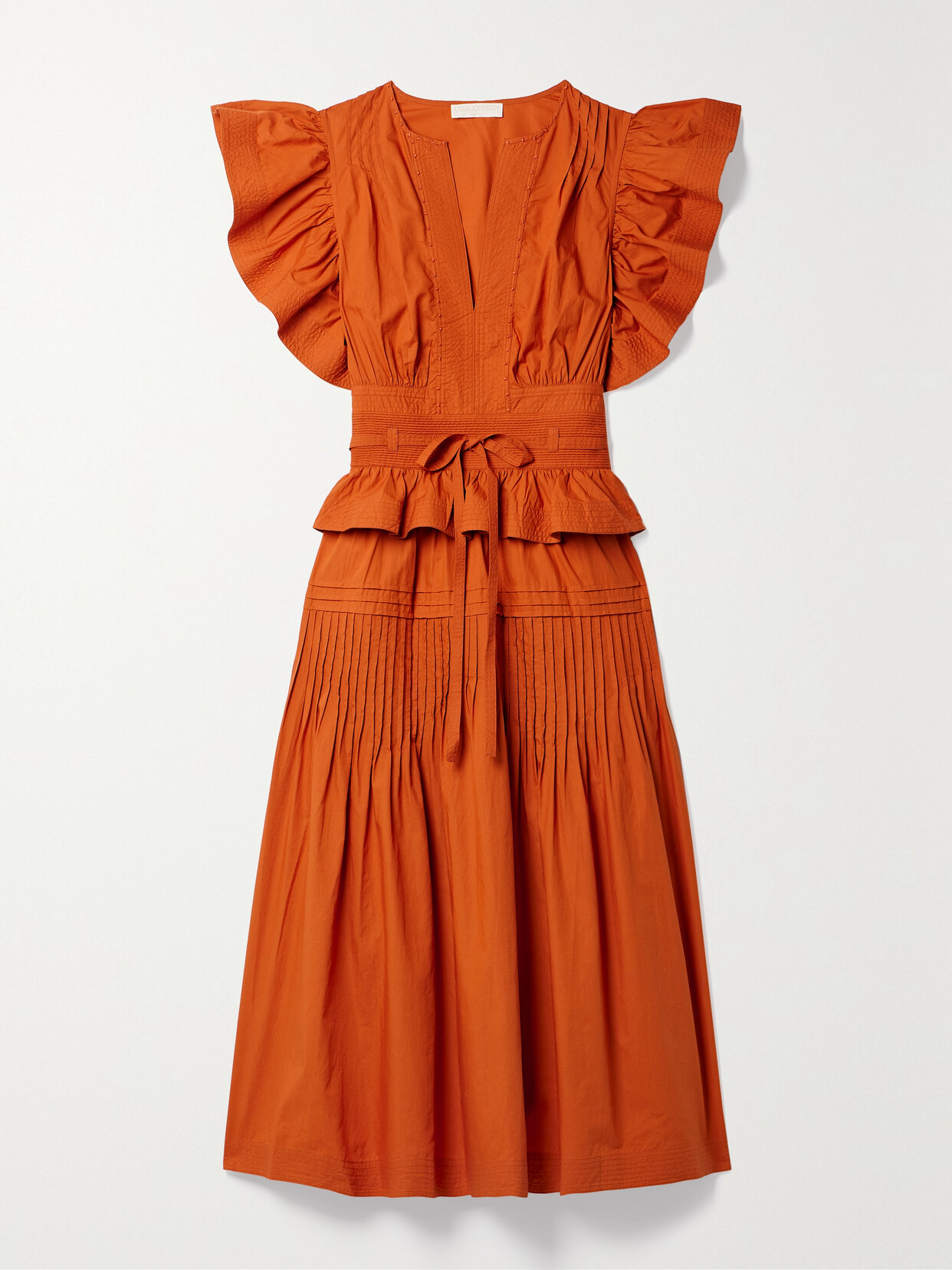 Ulla Johnson Florence Belted Ruffled Pintucked Cotton-poplin Midi Dress - Orange