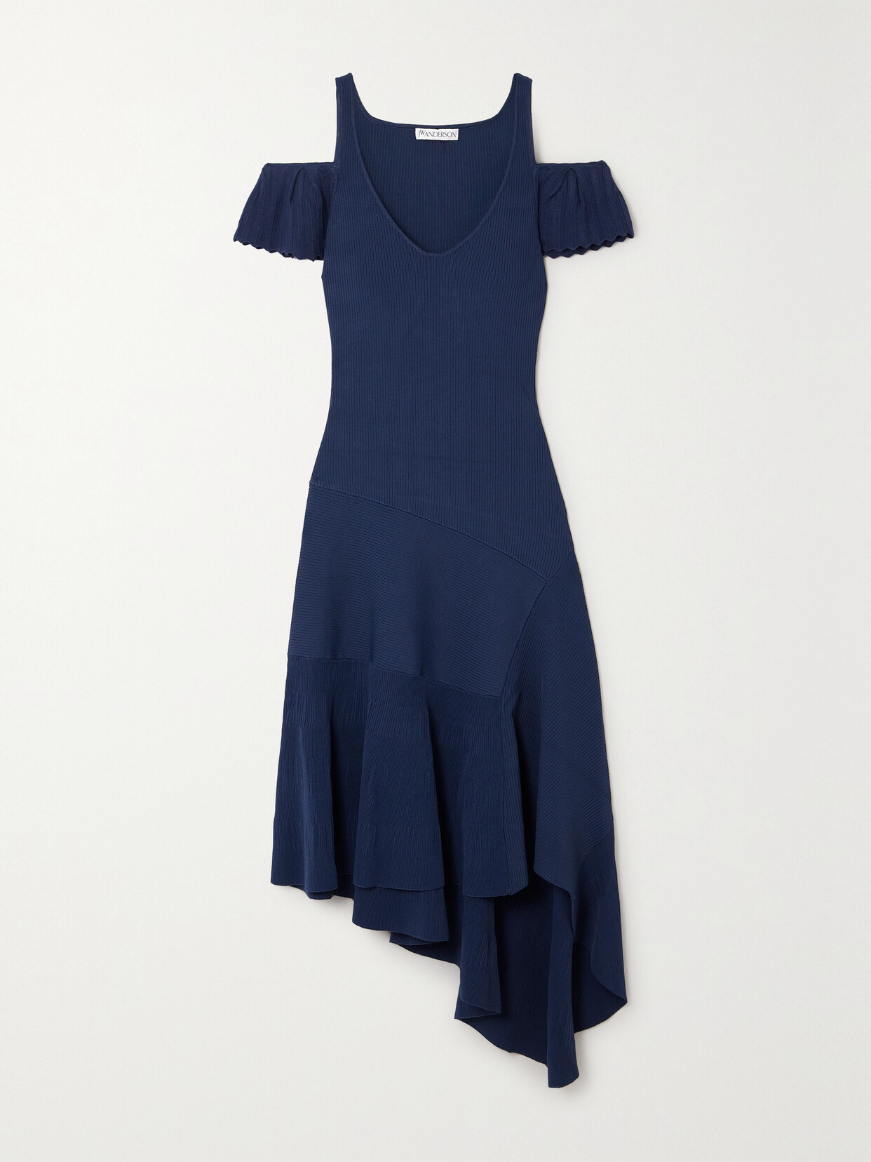 JW Anderson Cold-shoulder Asymmetric Ribbed-knit Midi Dress - Blue