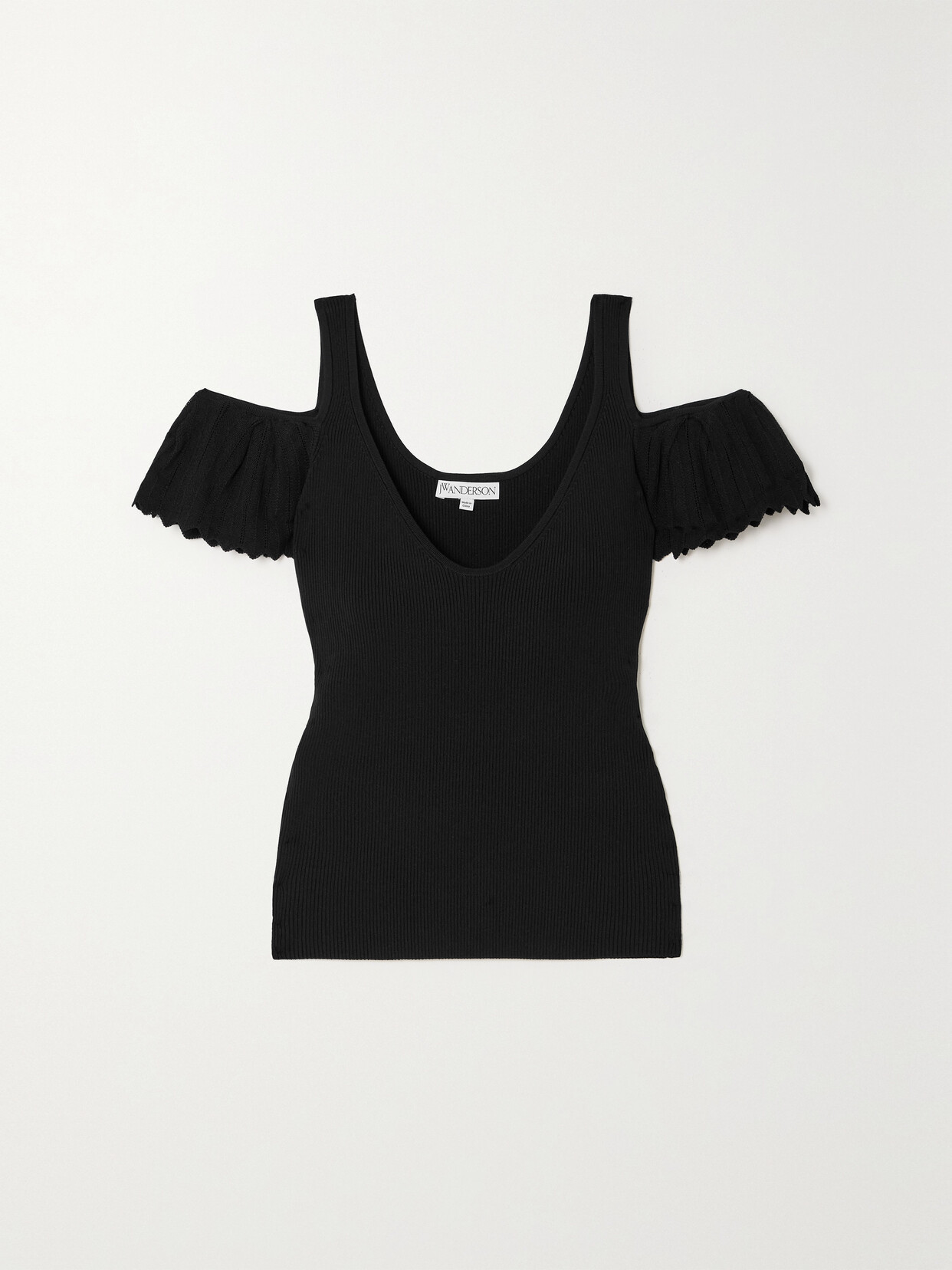 JW Anderson Cold-shoulder Ruffled Ribbed-knit Tank - Black