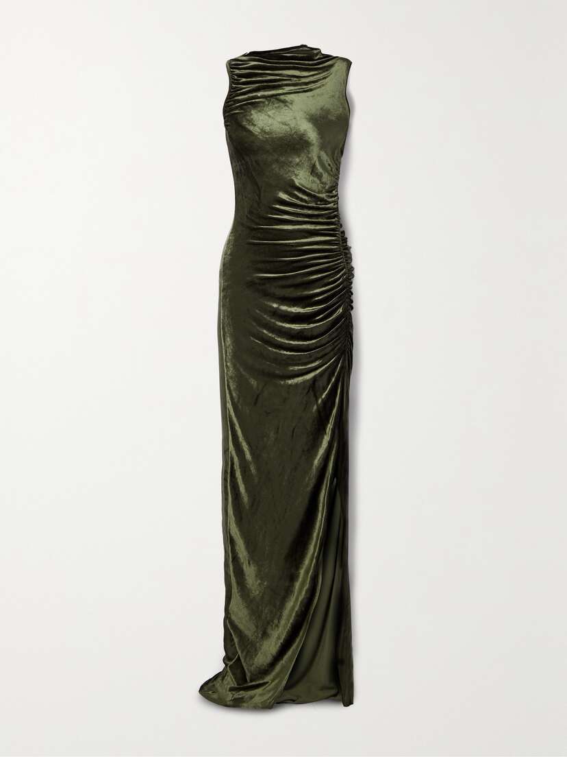 Rick Owens Svita Asymmetric Ruched Velvet Maxi Dress