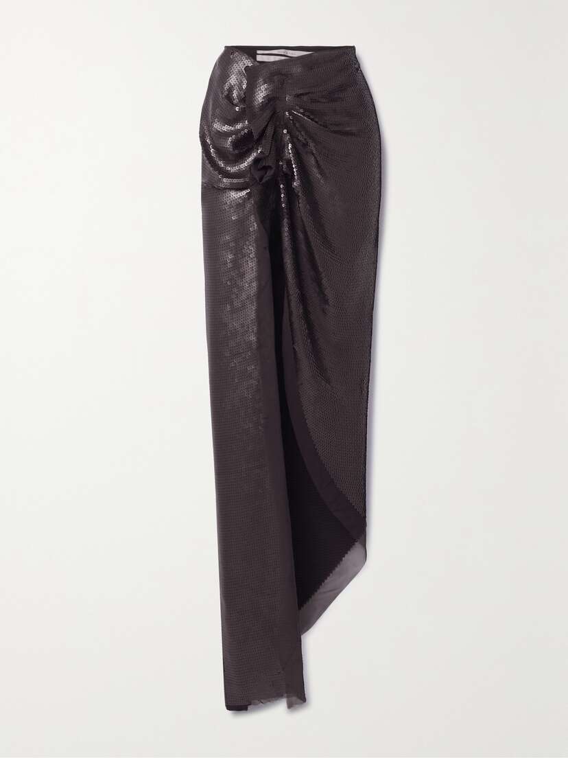 Rick Owens Edfu Asymmetric Ruffled Gathered Sequined Silk-chiffon Midi Skirt