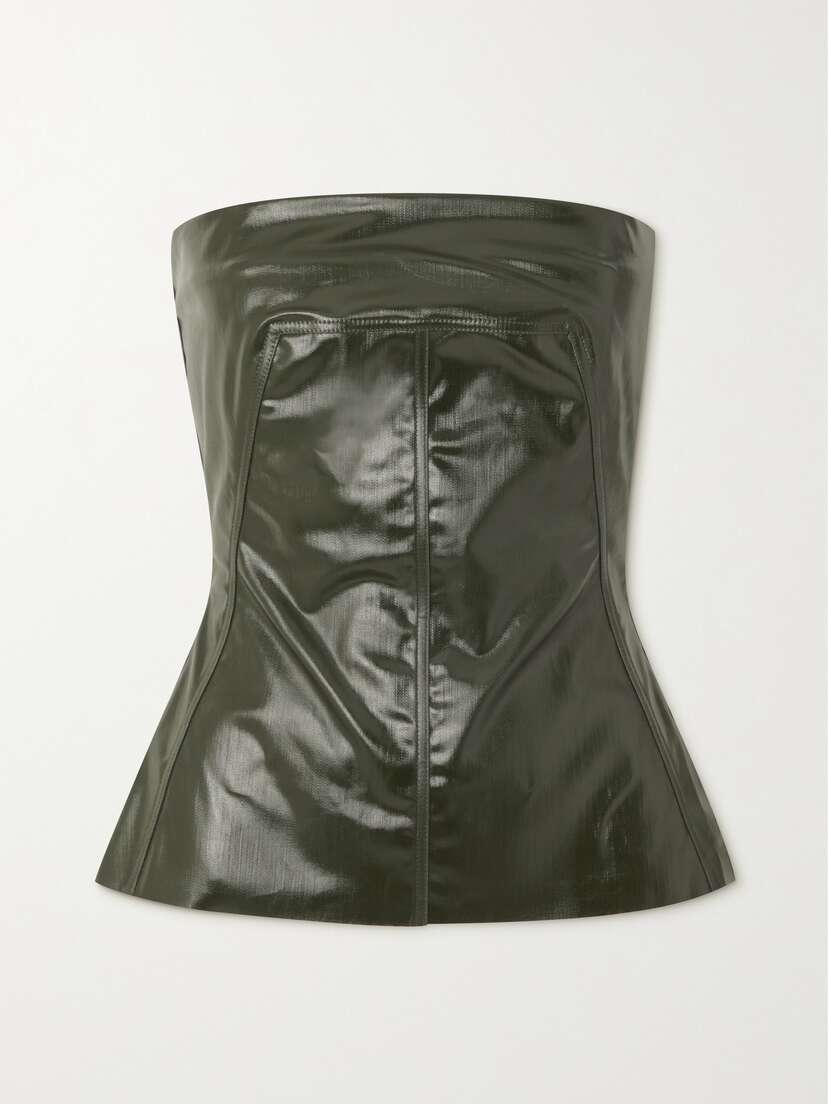 Rick Owens Strapless Distressed Coated Stretch-cotton Bustier Top