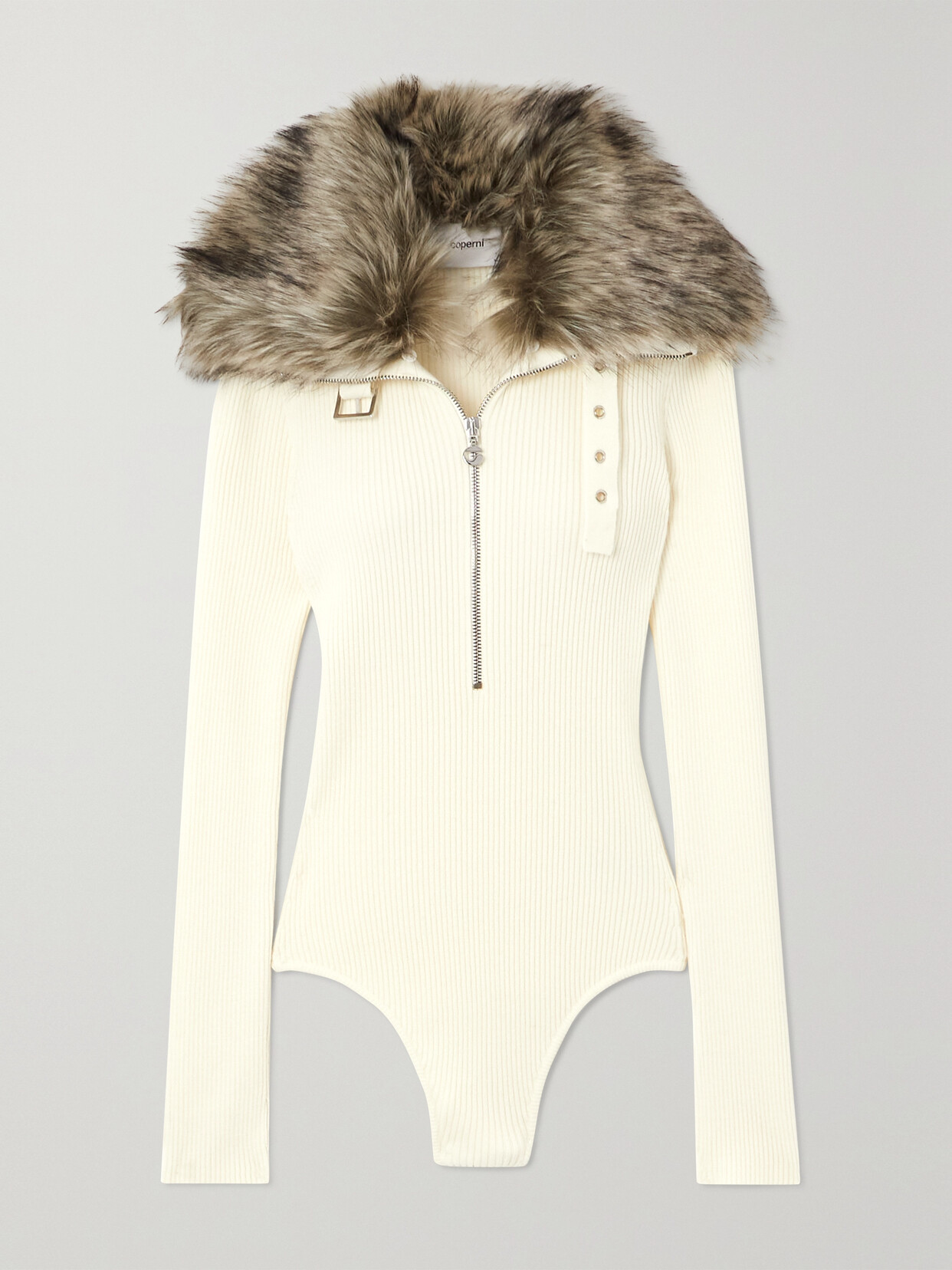 Coperni - Faux Fur-trimmed Ribbed Wool-blend Half-zip Bodysuit - White