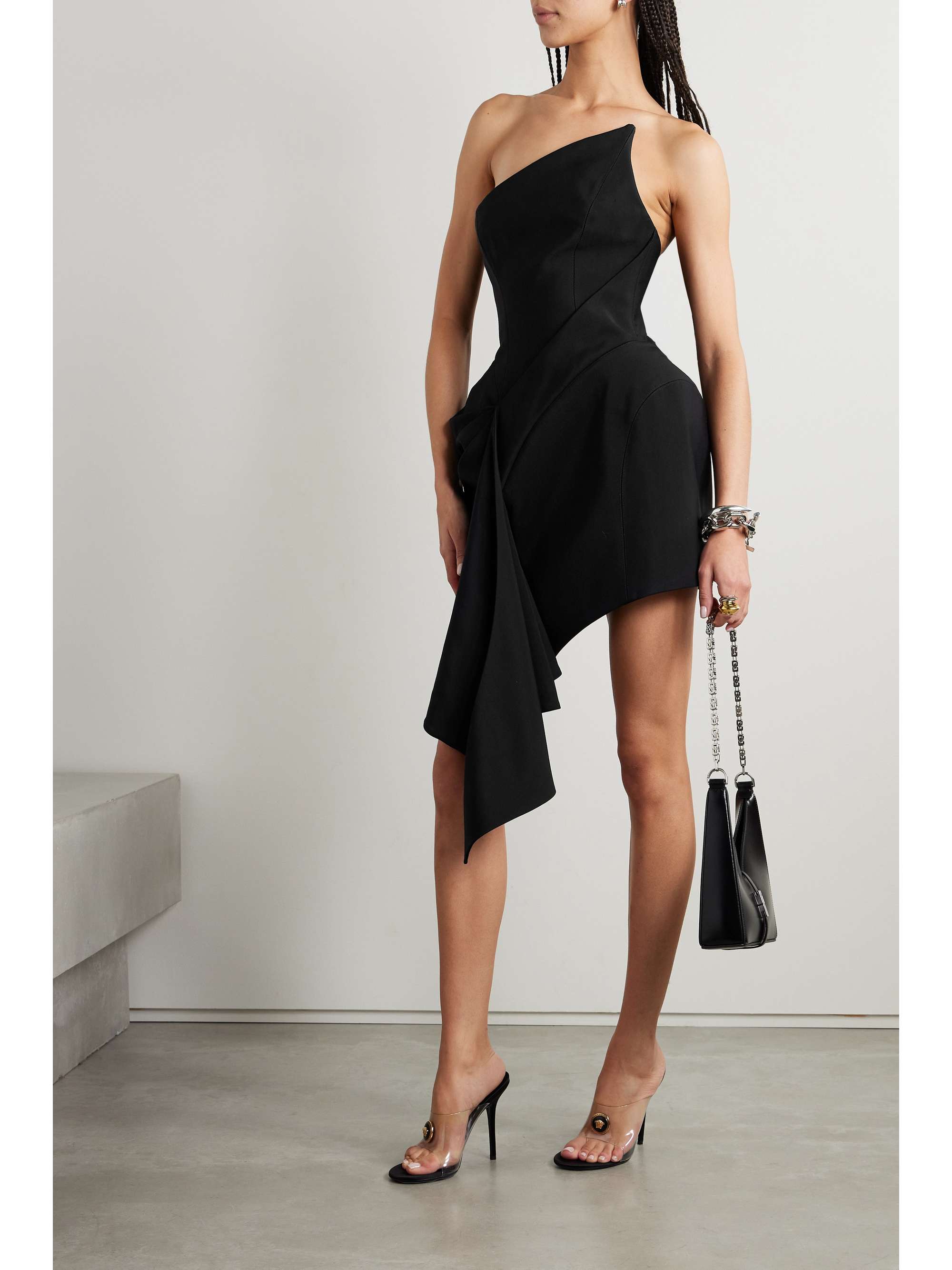 MUGLER Strapless asymmetric gathered twill mini dress | NET-A-PORTER