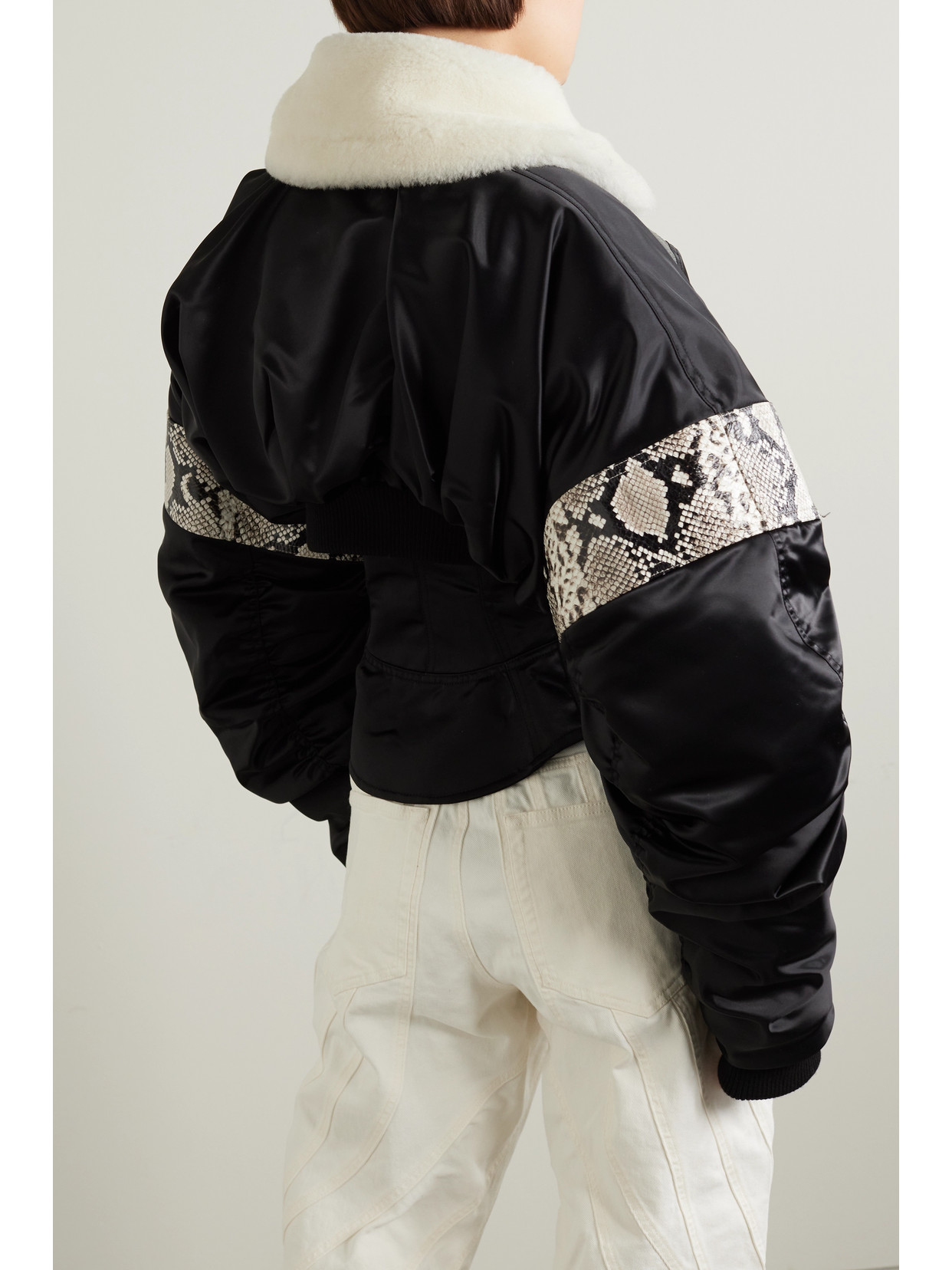 Mugler Cropped Recycled-satin, Snake-effect Leather And Shearling Jacket In Black