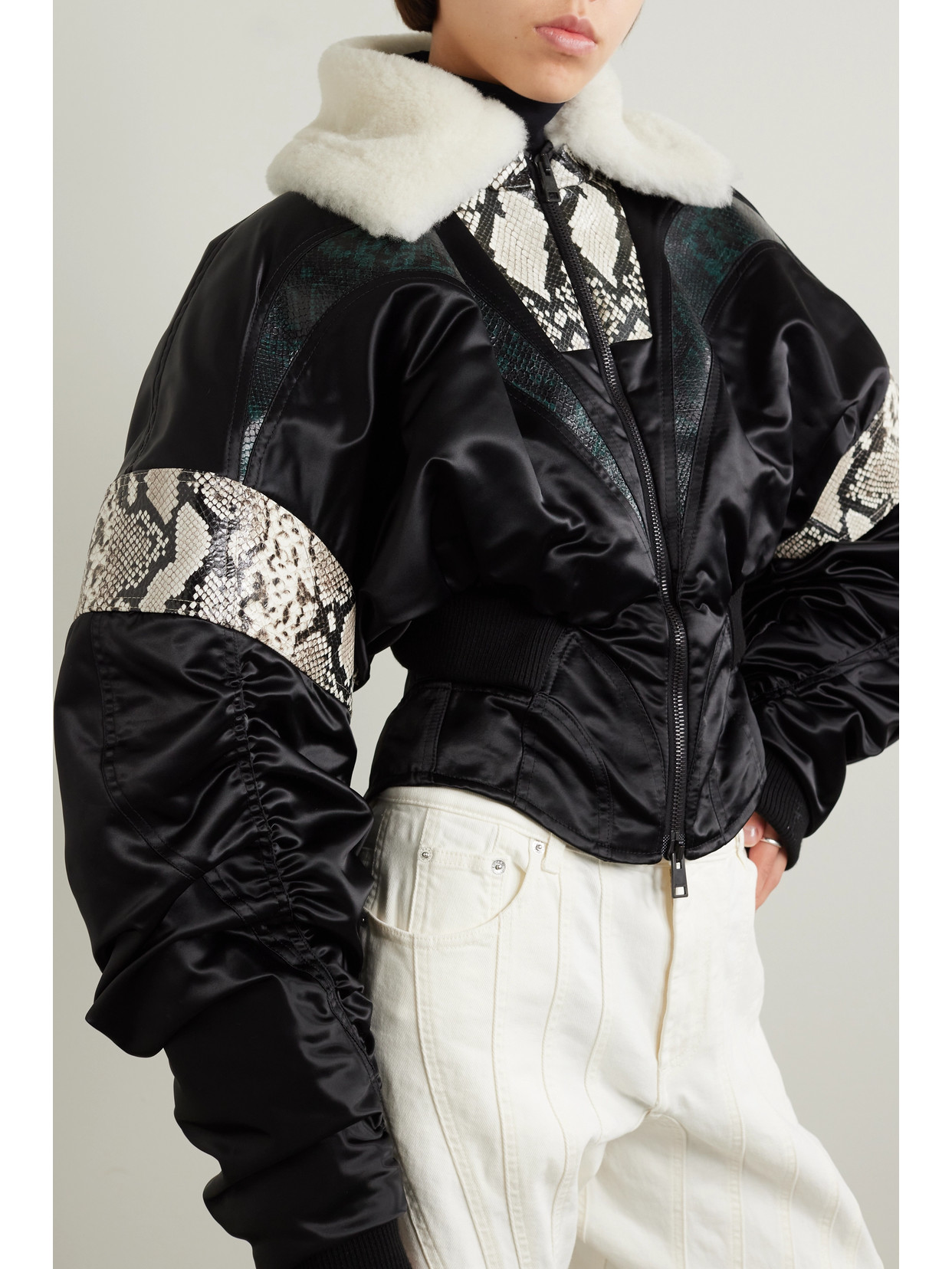 Mugler Cropped Recycled-satin, Snake-effect Leather And Shearling Jacket In Black