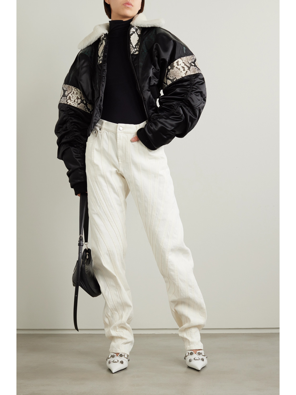 Mugler Cropped Recycled-satin, Snake-effect Leather And Shearling Jacket In Black