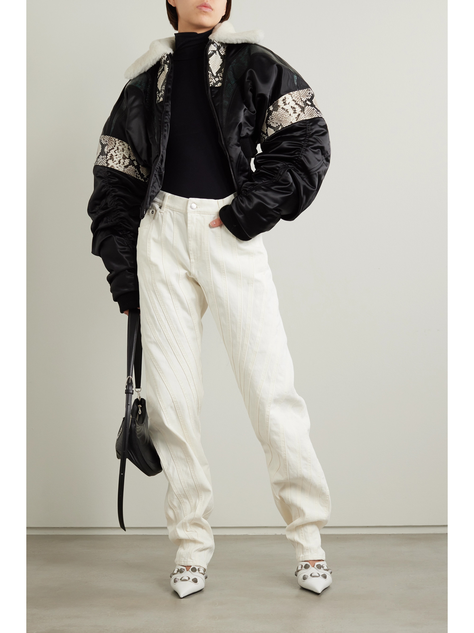 Mugler - Cropped recycled-satin, snake-effect leather and