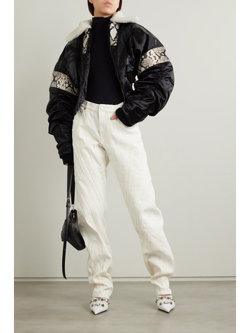 Mugler Cropped recycled-satin, snake-effect leather and shearling jacket