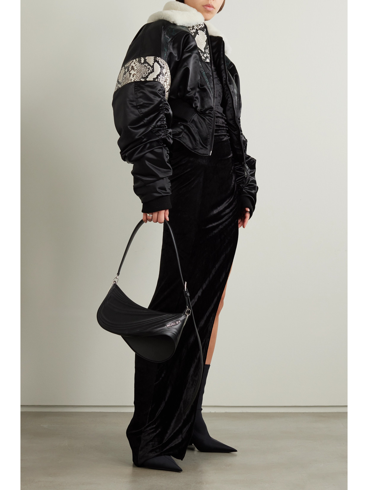 Mugler Cropped Recycled-satin, Snake-effect Leather And Shearling Jacket In Black