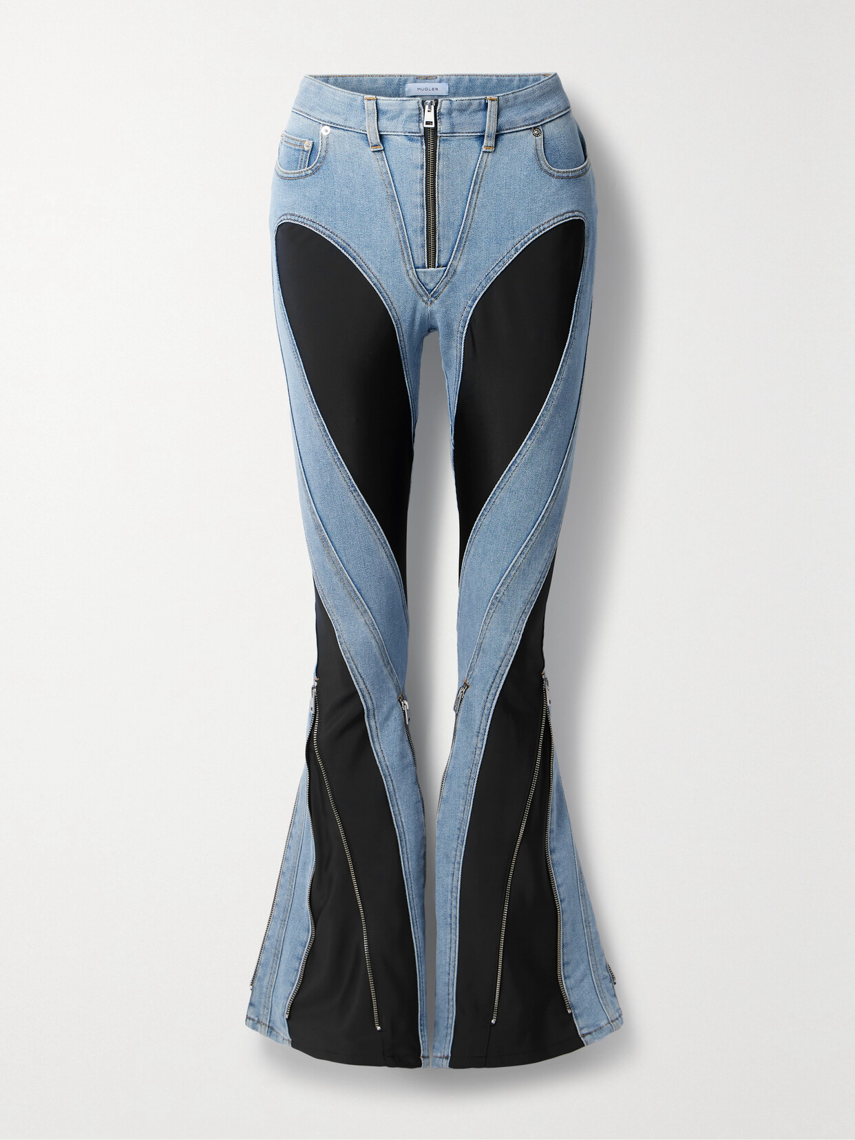 Shop Mugler Stretch Jersey-paneled High-rise Flared Jeans In Blue