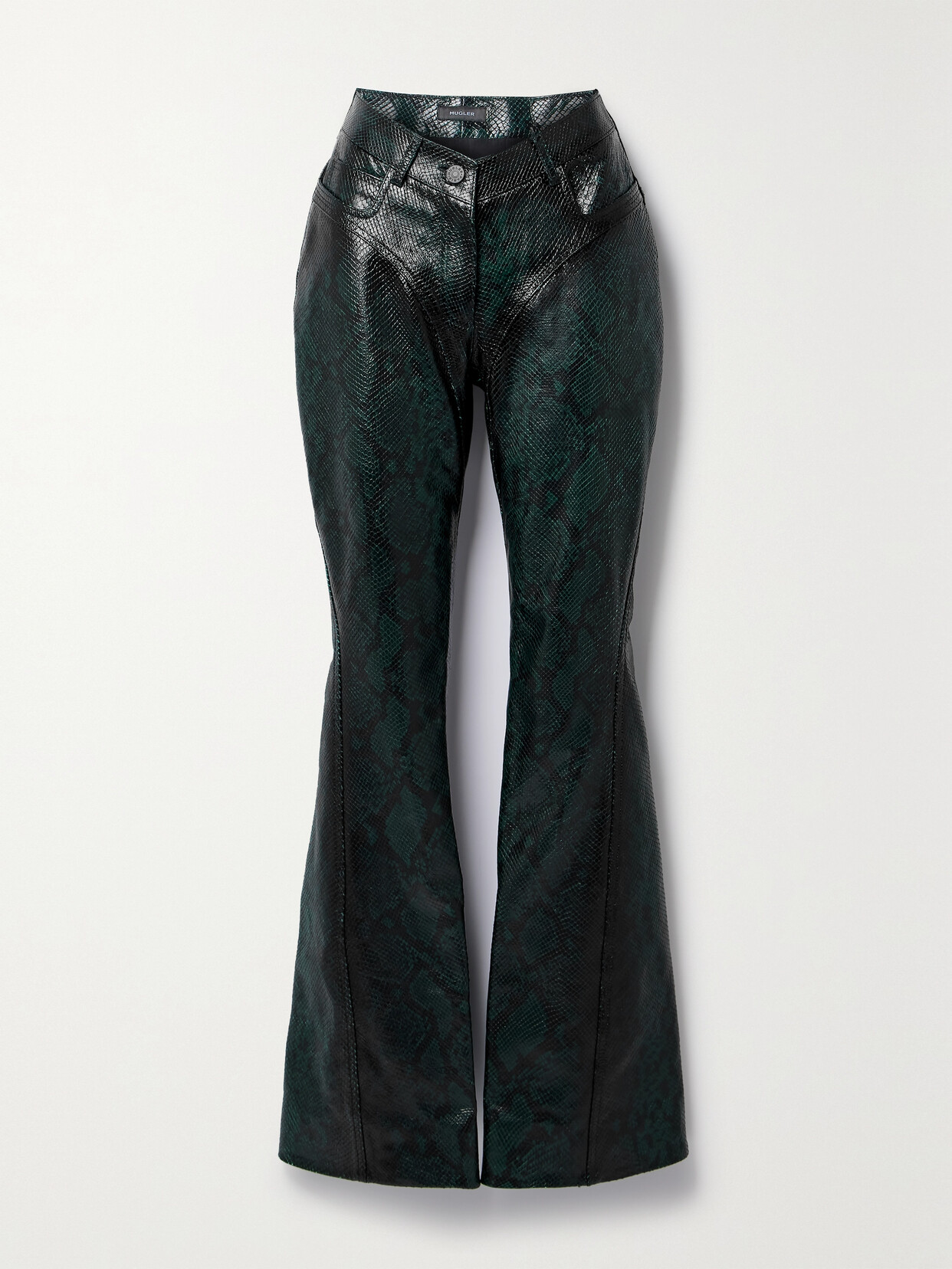 Mugler Paneled Snake-effect Leather Flared Trousers In Green