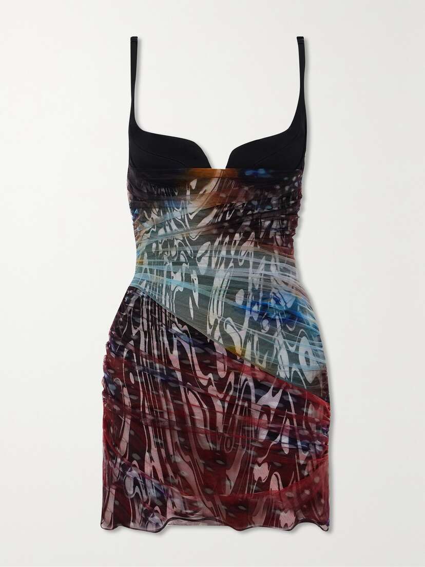 Mugler Printed Draped Jersey-trimmed Tulle Mini Dress
