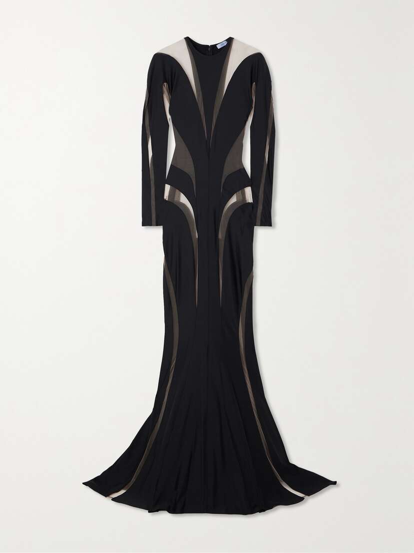 Mugler Tulle-paneled Stretch-jersey Maxi Dress