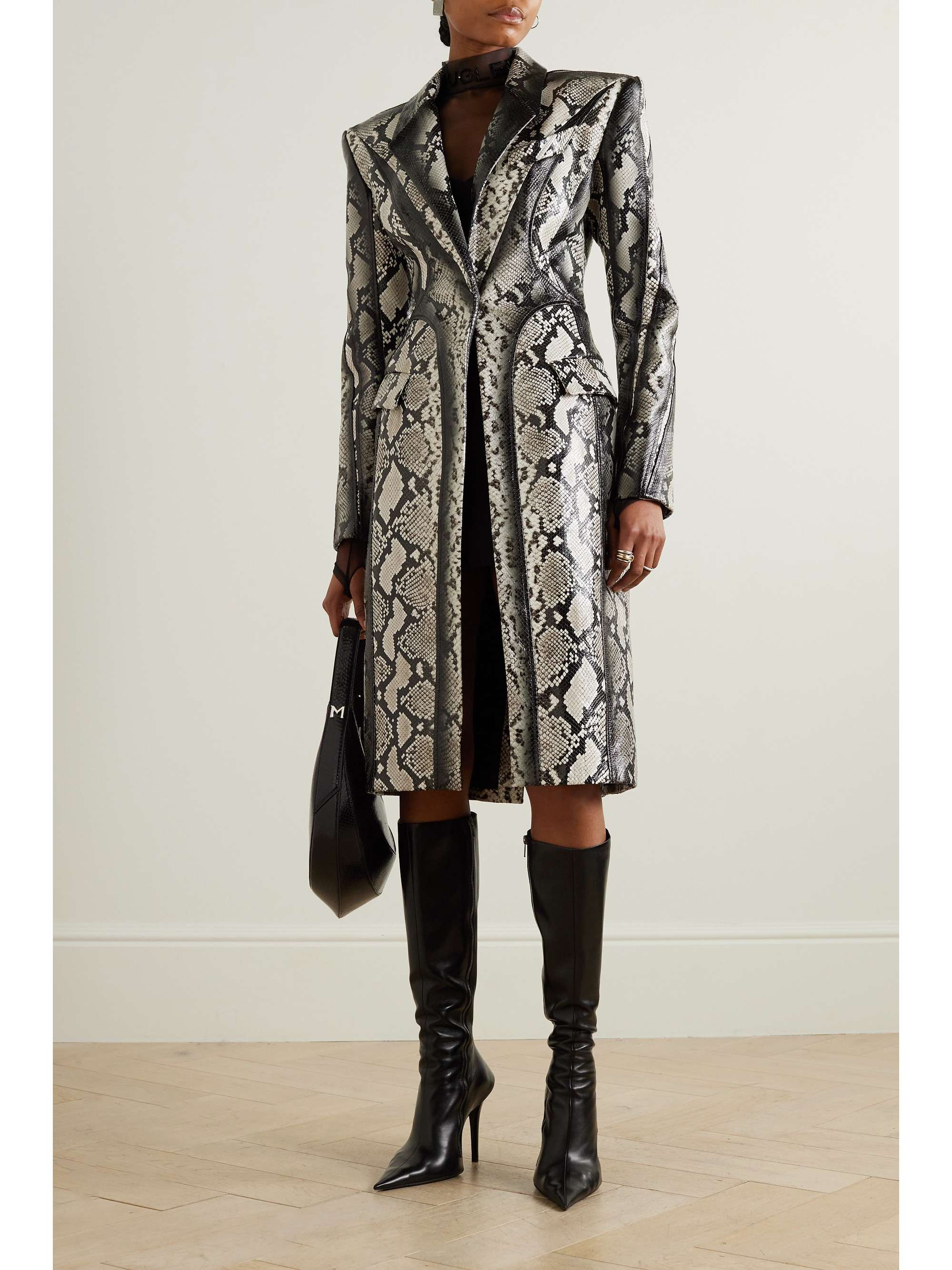 Paneled snake effect leather coat dark green FR34