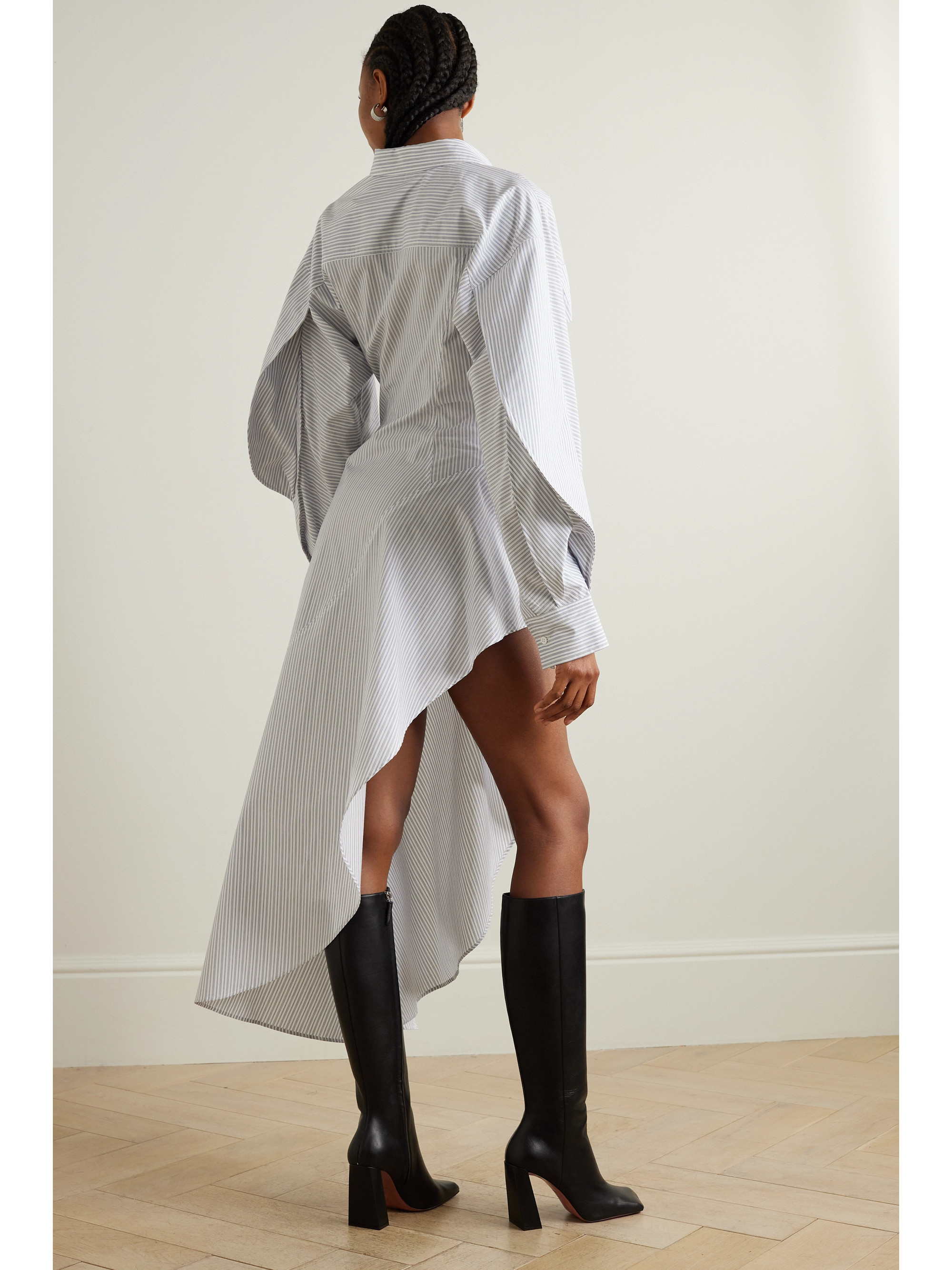 Mugler Asymmetric ruffled pinstriped cotton-poplin shirt dress thumbnail