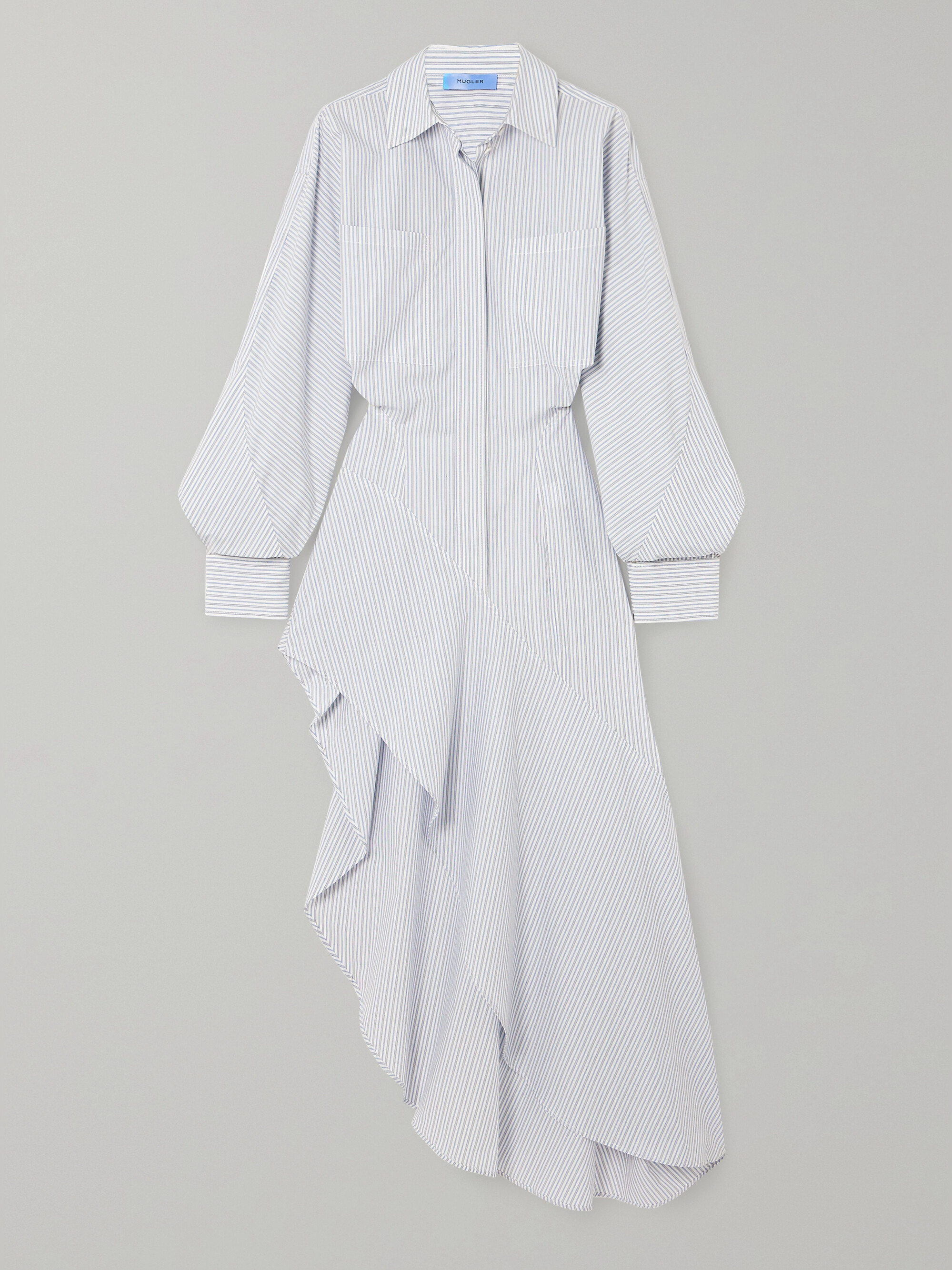 Mugler Asymmetric ruffled pinstriped cotton-poplin shirt dress thumbnail