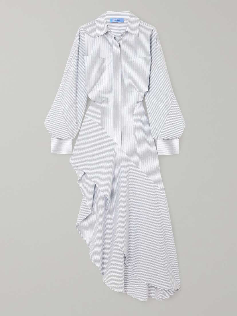 Mugler Asymmetric Ruffled Pinstriped Cotton-poplin Shirt Dress
