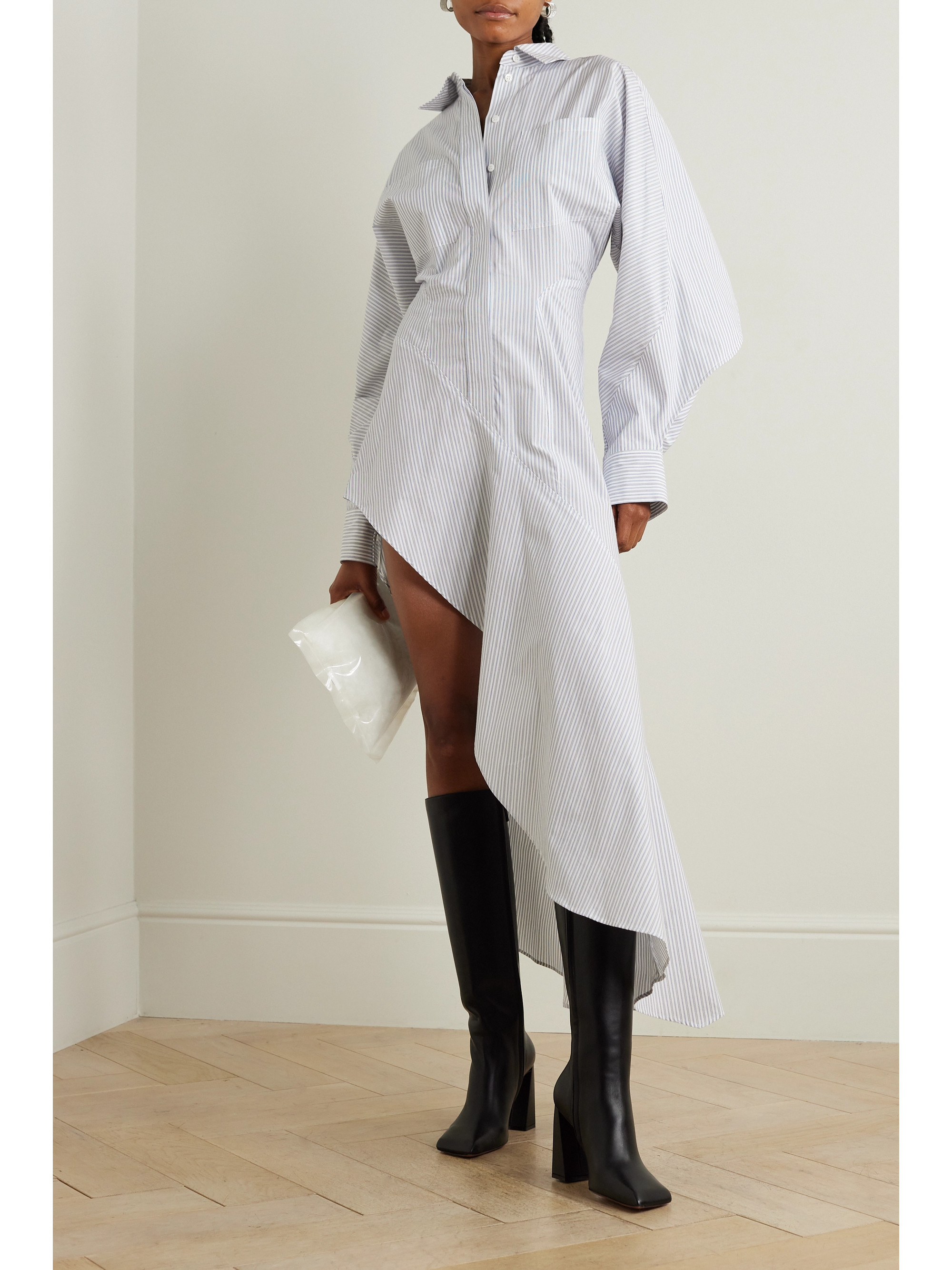 Mugler Asymmetric ruffled pinstriped cotton-poplin shirt dress
