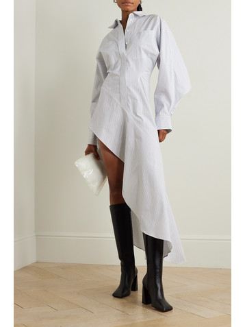 Mugler Asymmetric ruffled pinstriped cotton-poplin shirt dress