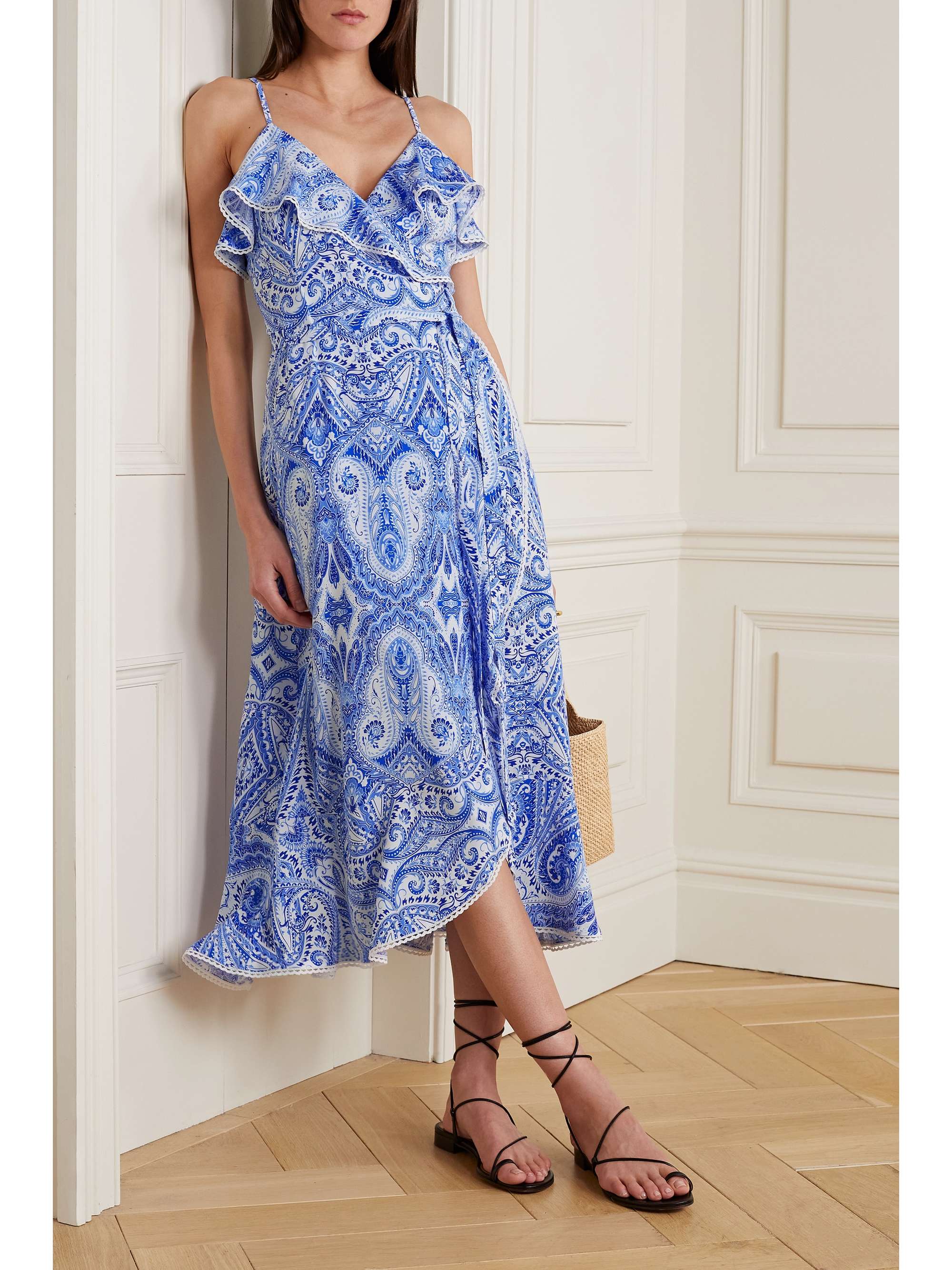 MELISSA ODABASH Prosperity ruffled lace-trimmed paisley-print sateen midi wrap dress