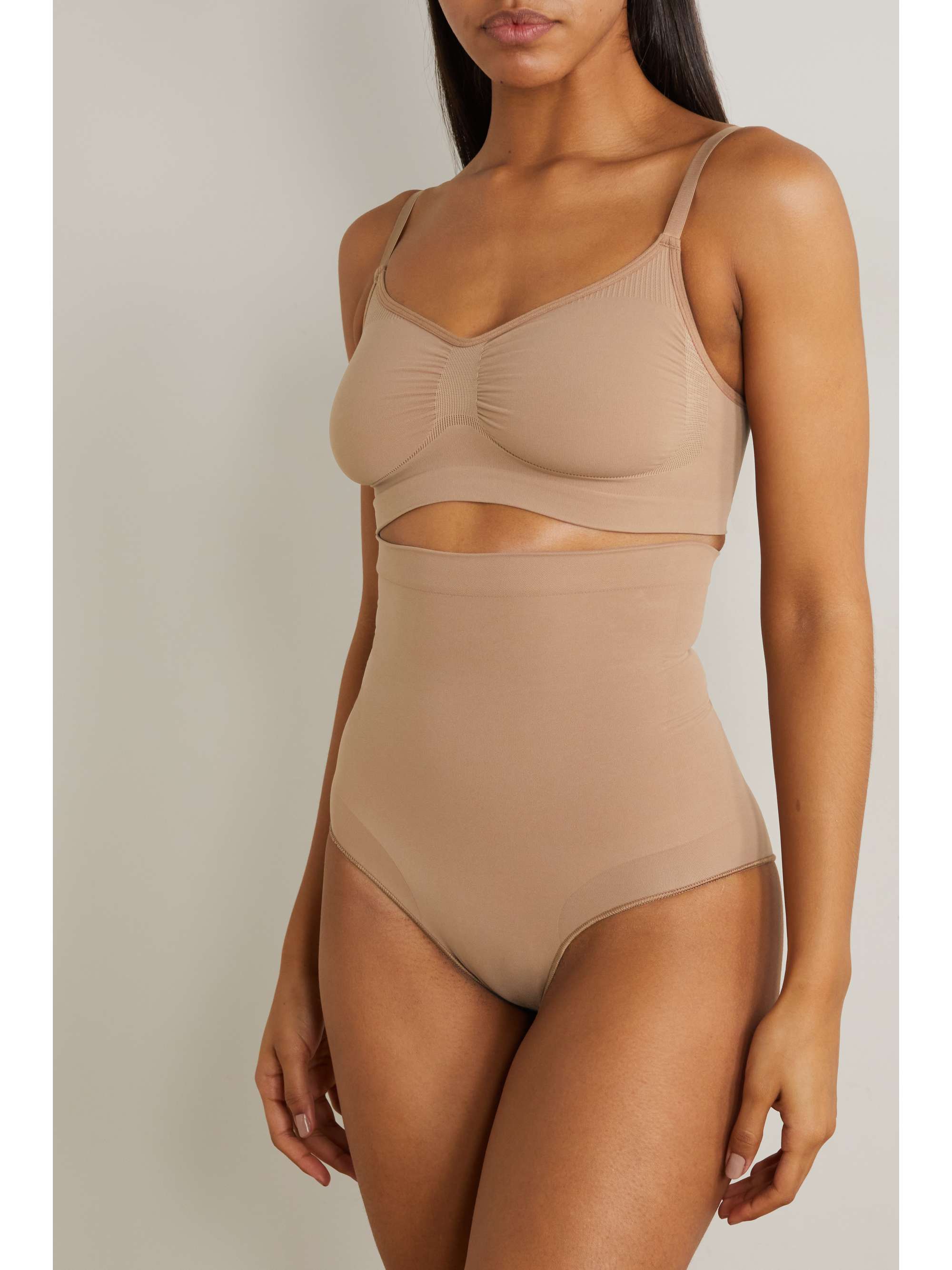 SKIMS: Brown Seamless Sculpt Thong Bodysuit