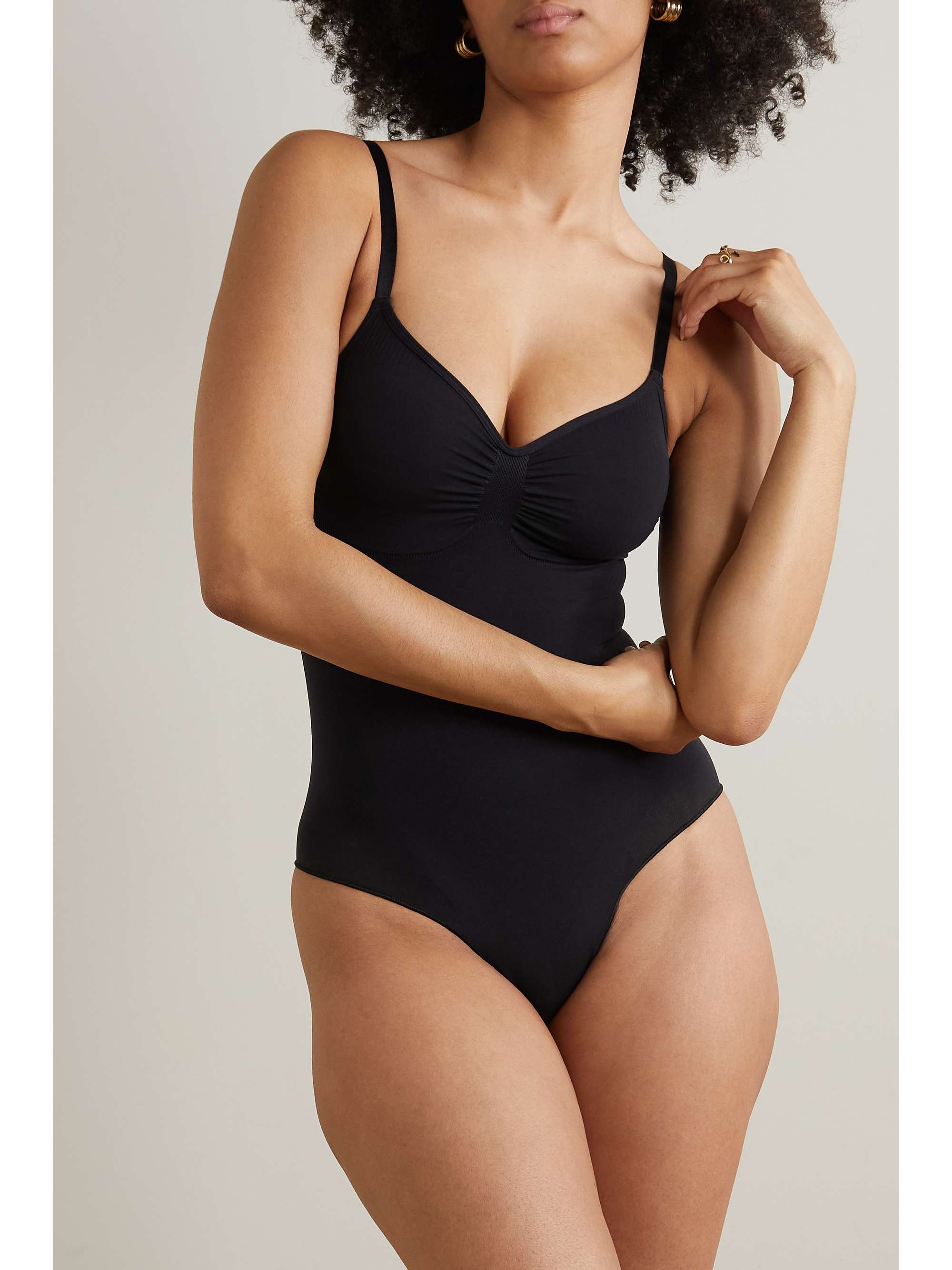 LACE-TRIMMED SEAMLESS BODYSUIT - Black