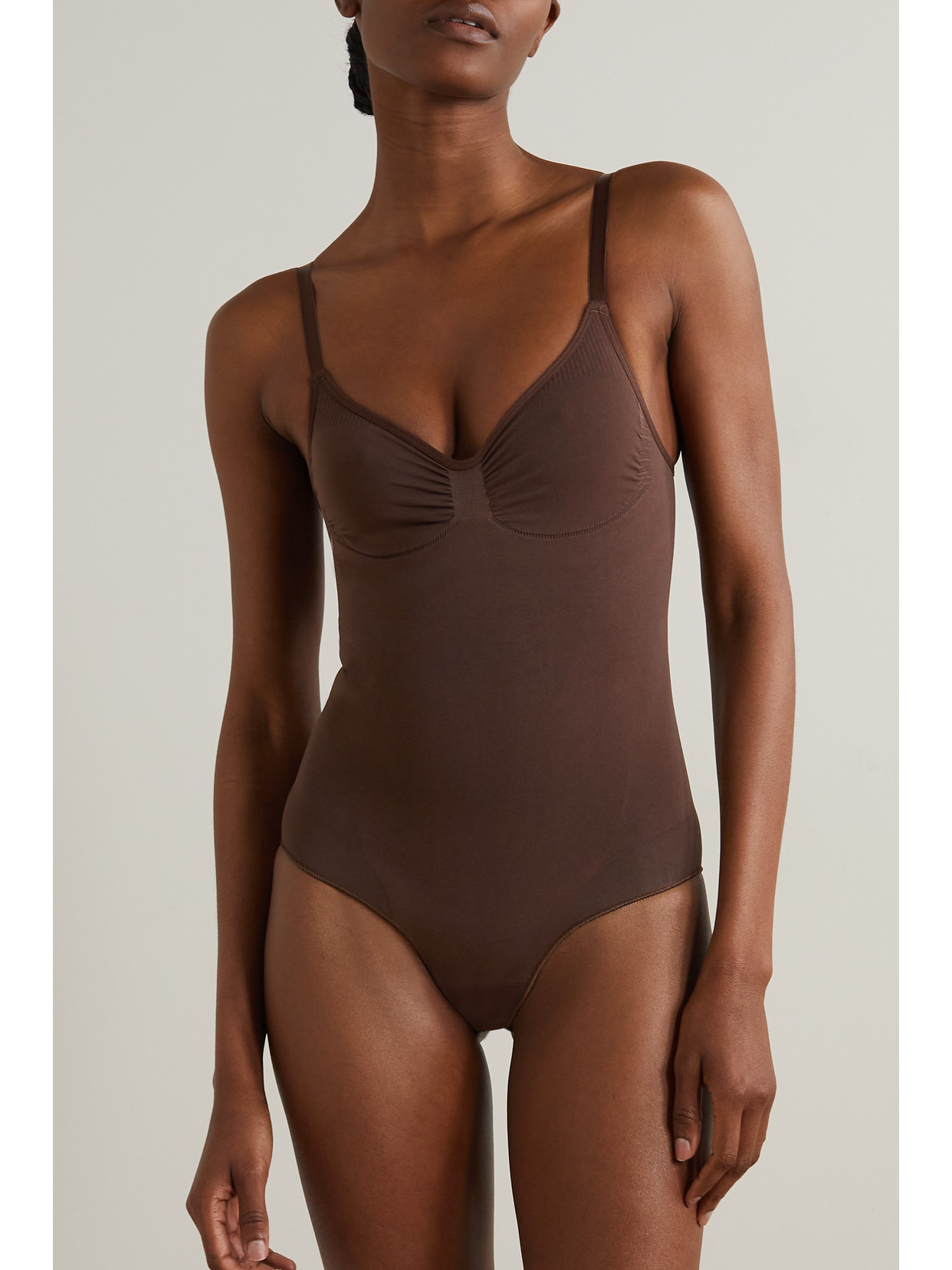 Skims Seamless Sculpt Slim-fit Stretch-woven Bodysuit In Brown
