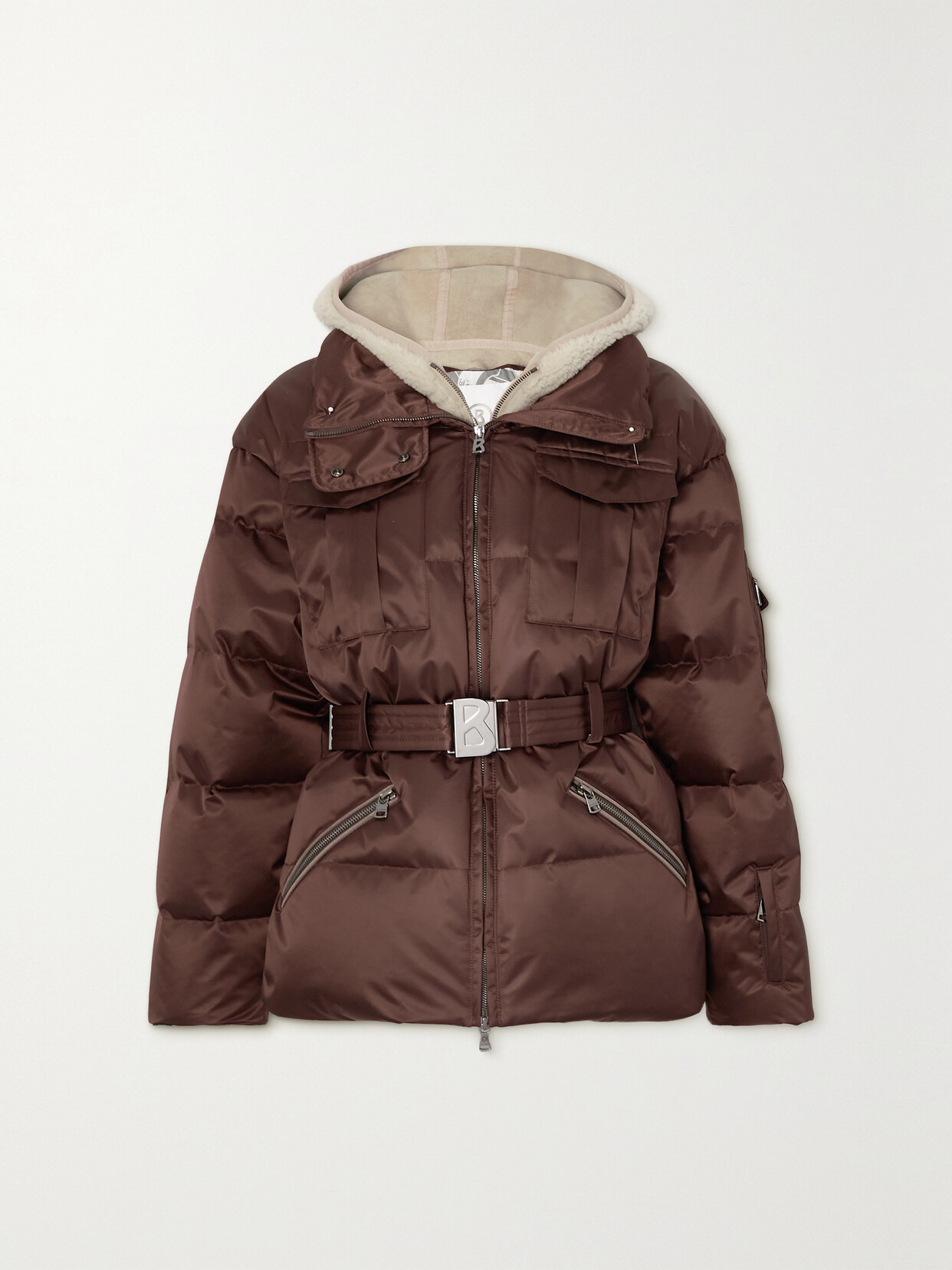 Shop Bogner Adele-ld Hooded Belted Shearling-trimmed Recycled Down Ski Jacket In Brown