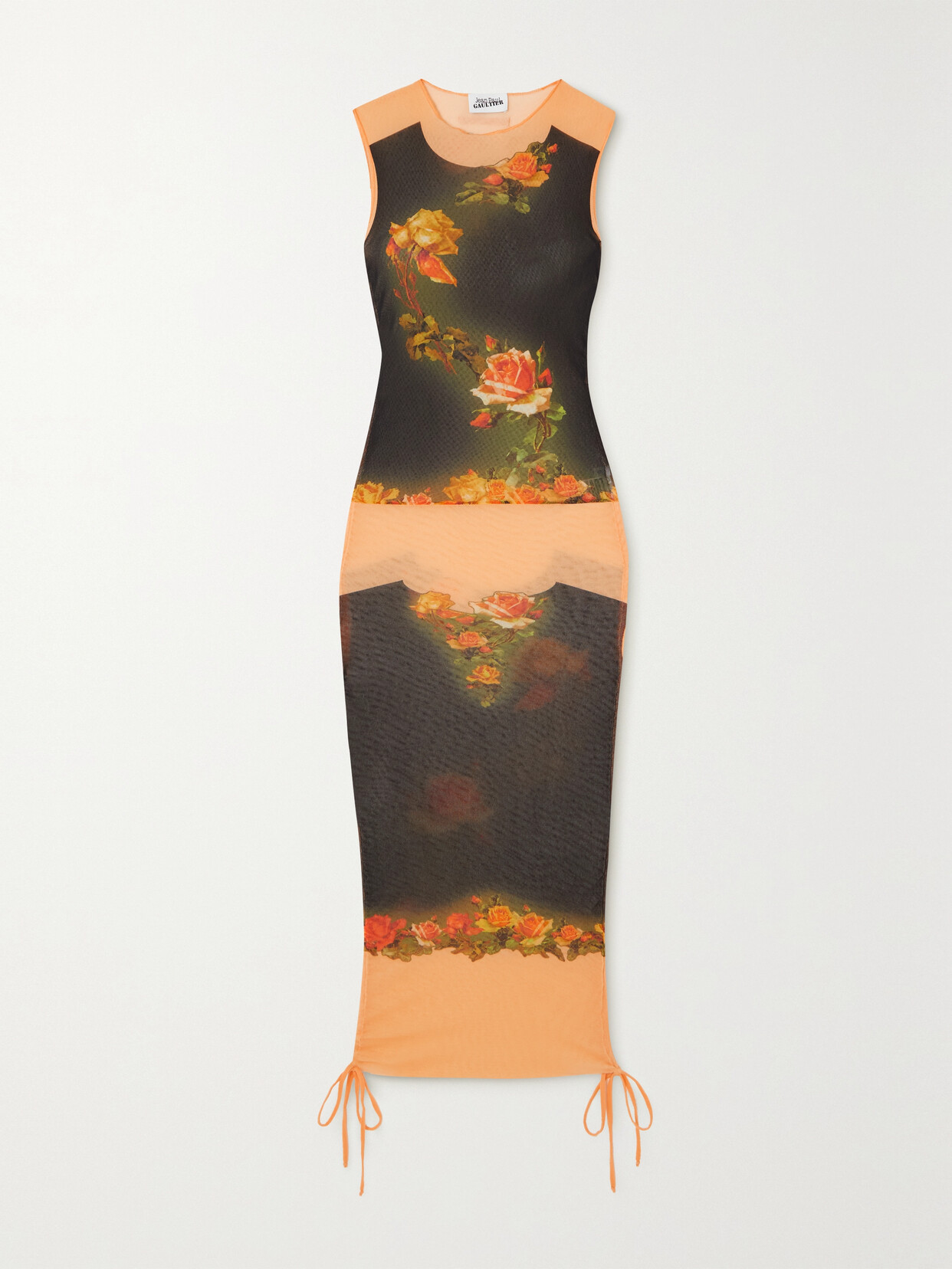 JEAN PAUL GAULTIER RUCHED FLORAL-PRINT TULLE MIDI DRESS