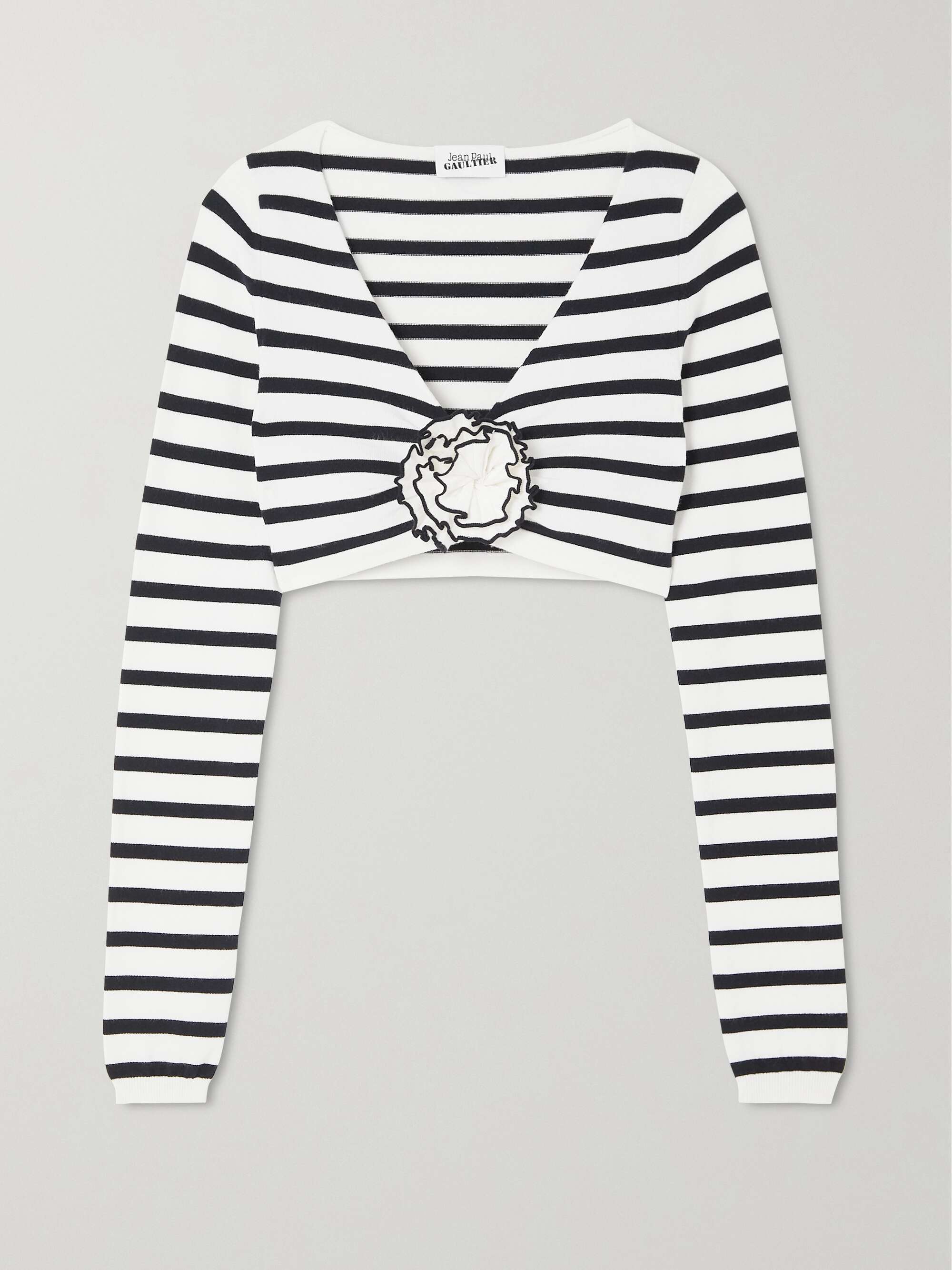Ecru Cropped appliquéd striped stretch-knit top | JEAN PAUL Ecru Cropped appliquéd striped stretch-knit top | JEAN PAUL
