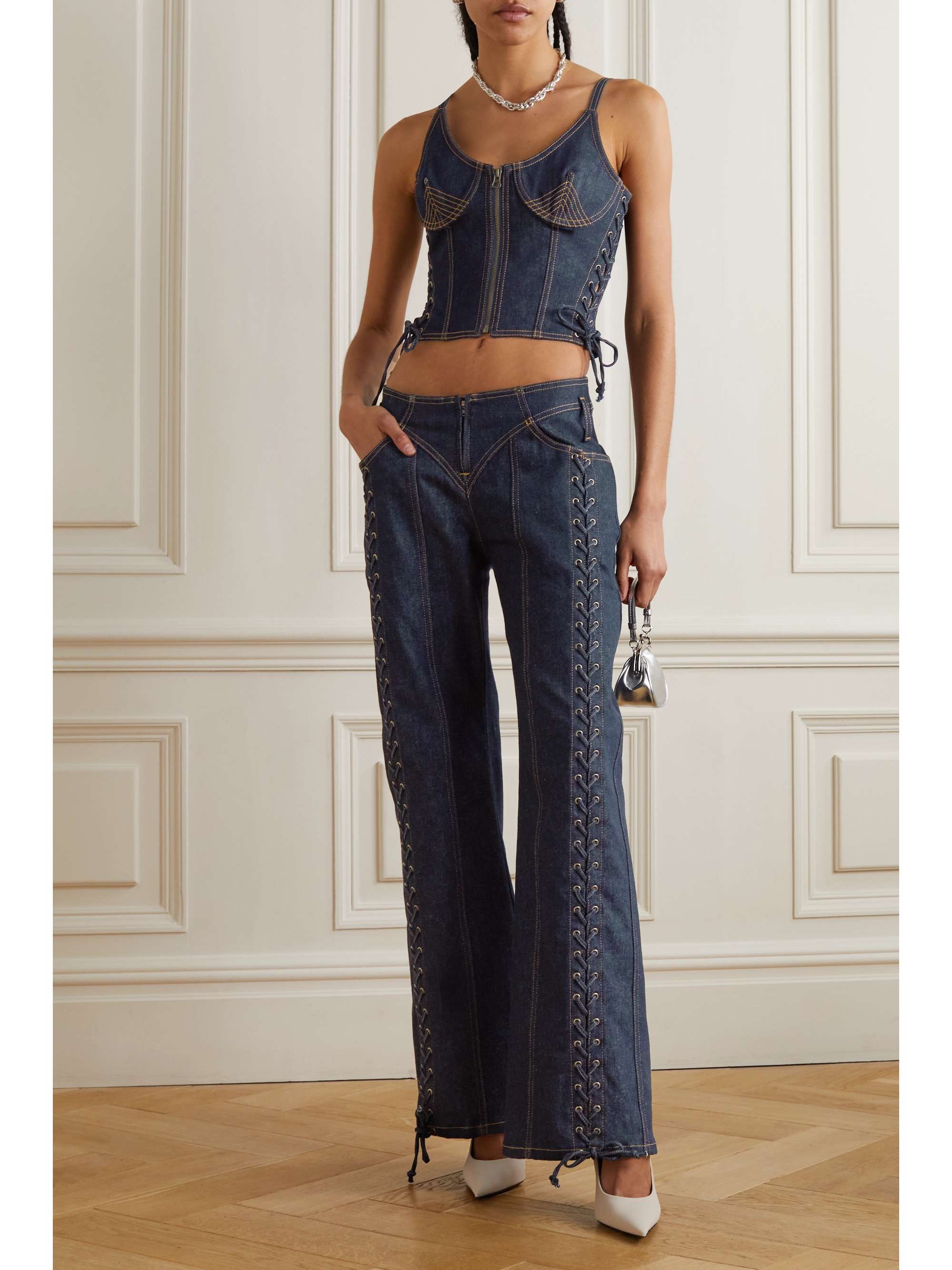 Lace-up low-rise wide-leg jeans