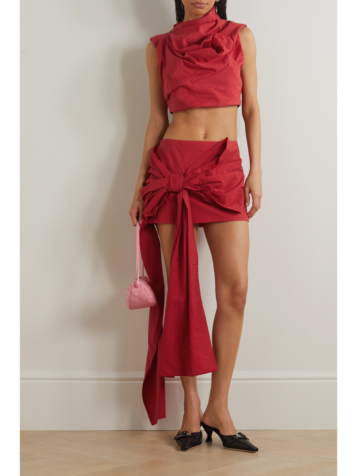 Shop Acne Studios Cropped Draped Cotton-blend Poplin Top In Red