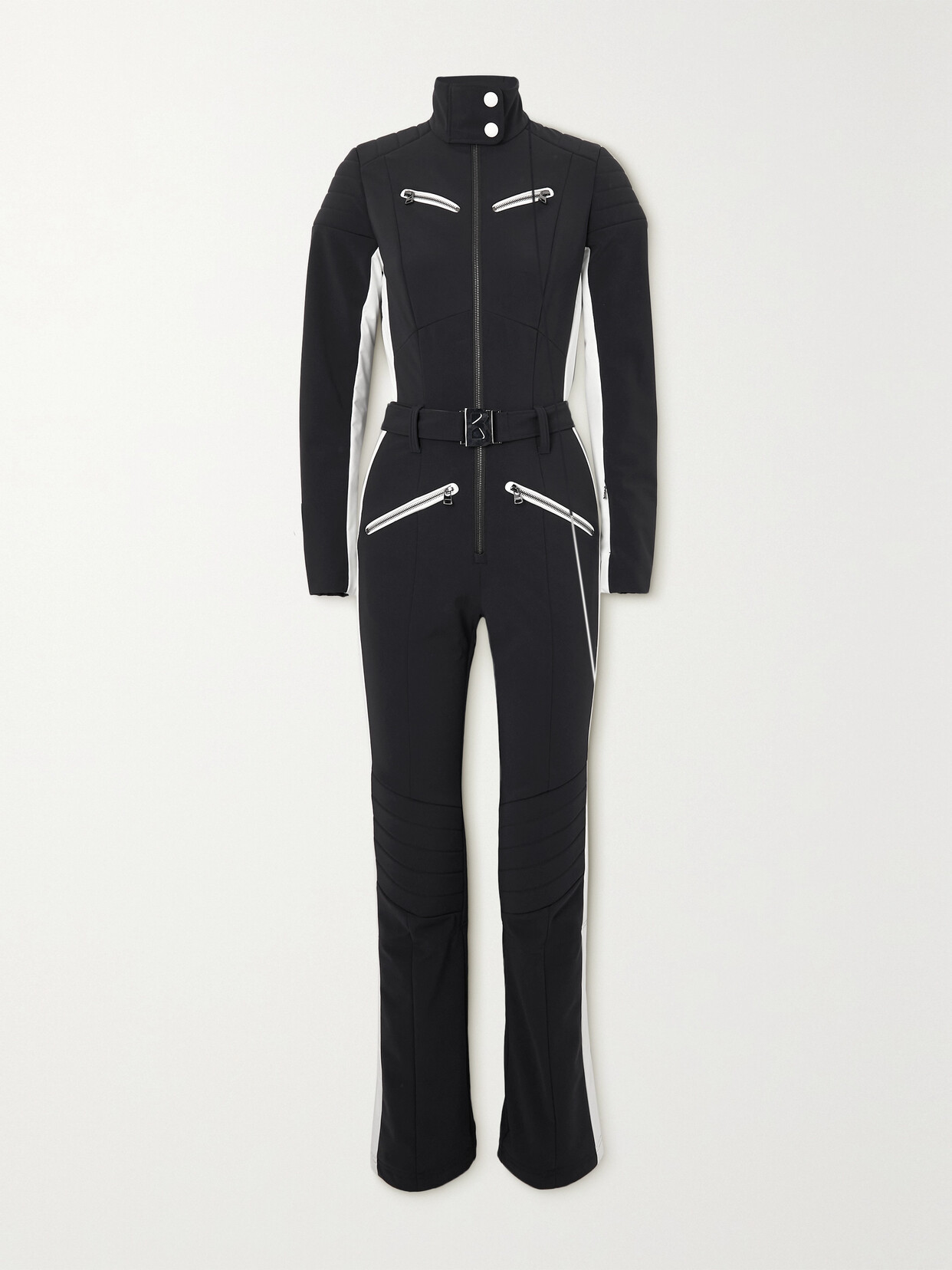 Shop Bogner Misha Belted Striped Stretch Ski Suit In Black