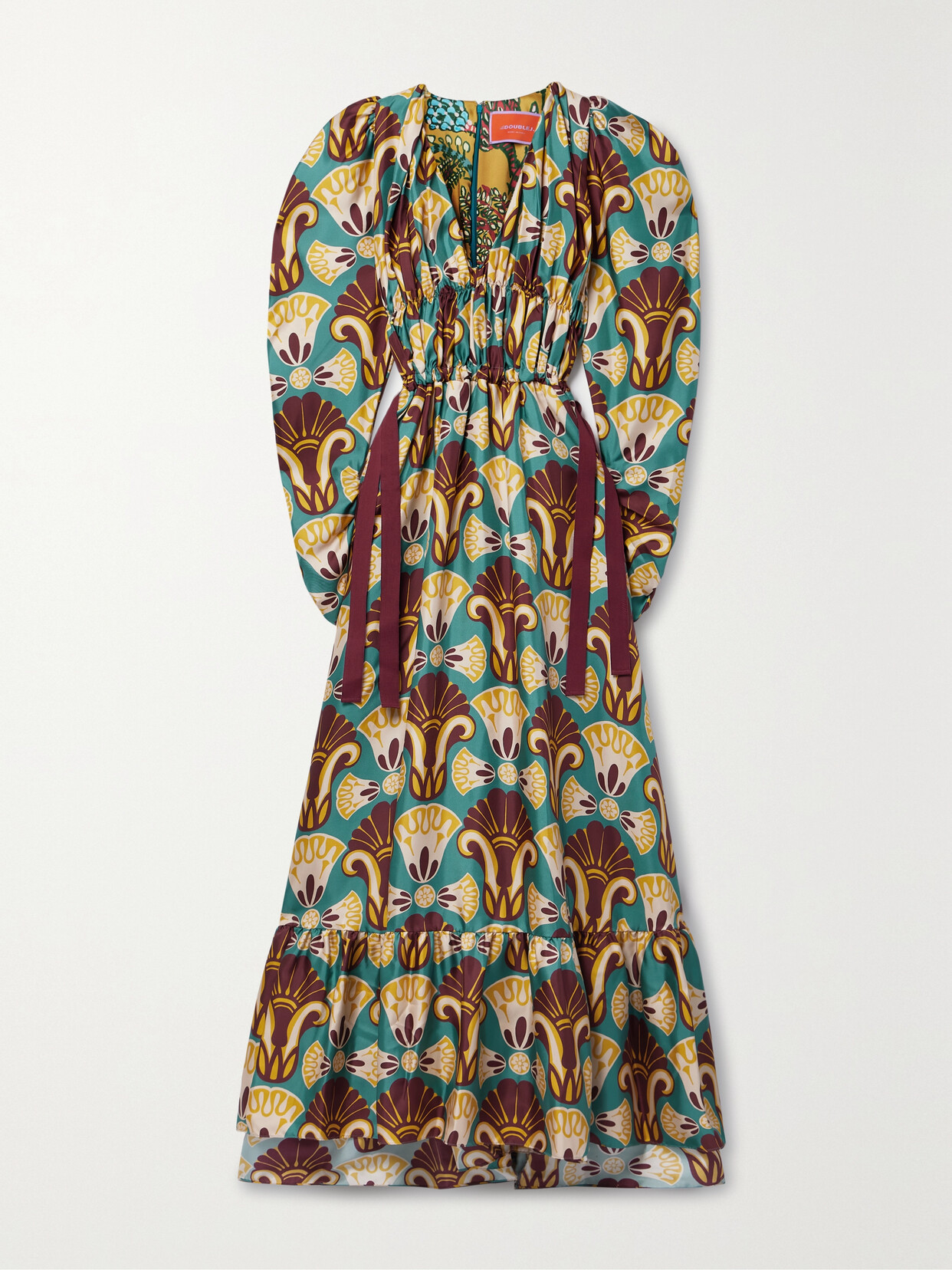 Shop La Doublej Biennale Gathered Printed Silk-twill Maxi Dress In Green