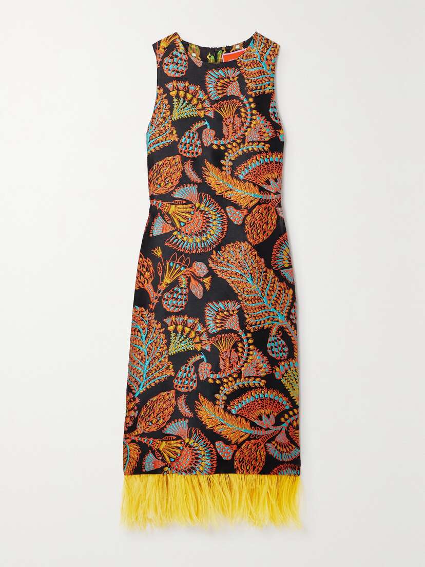 La DoubleJ Feather-trimmed Floral-jacquard Midi Dress - x large