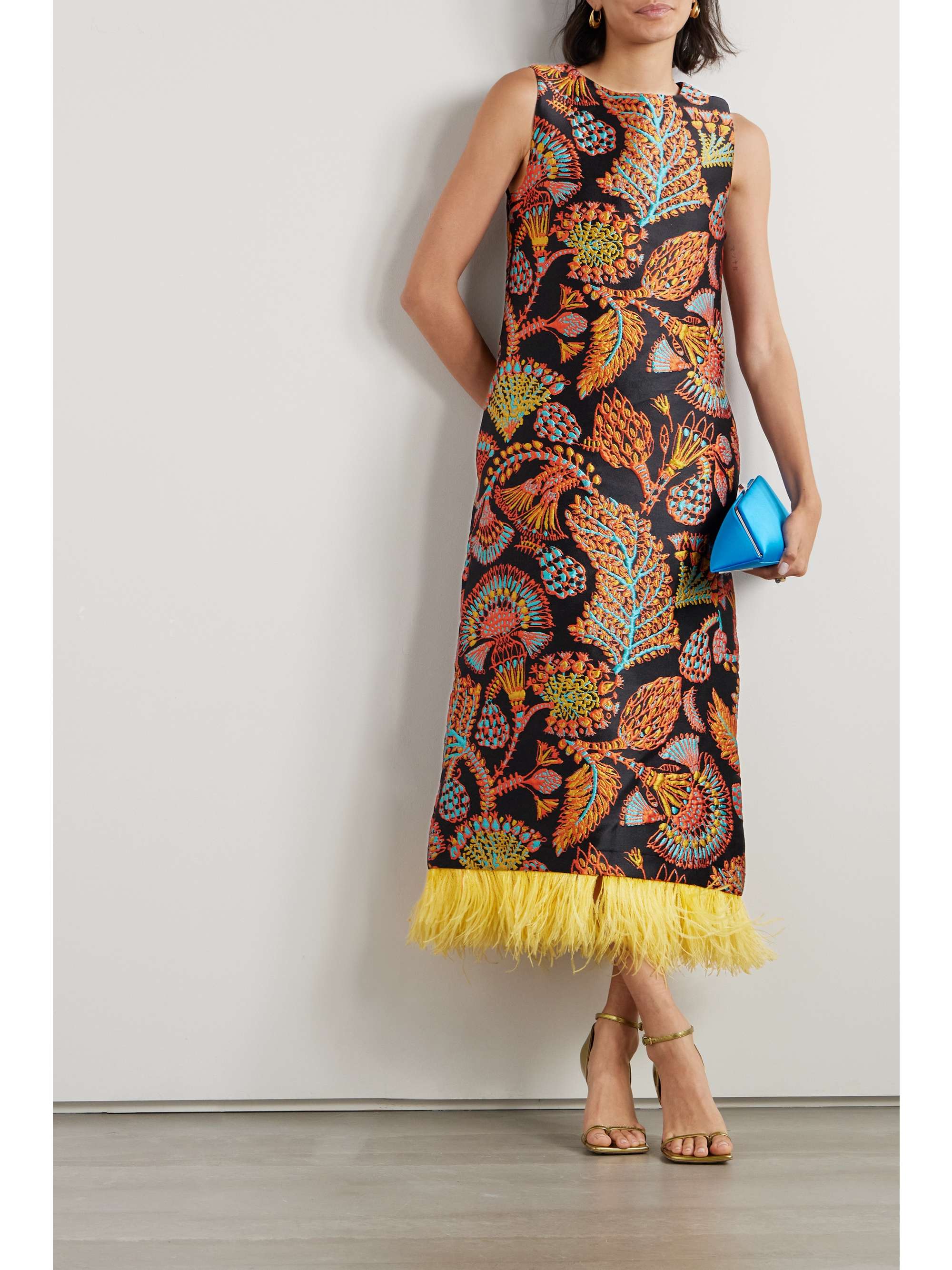 LA DOUBLEJ Feather-trimmed floral-jacquard midi dress | NET-A-PORTER