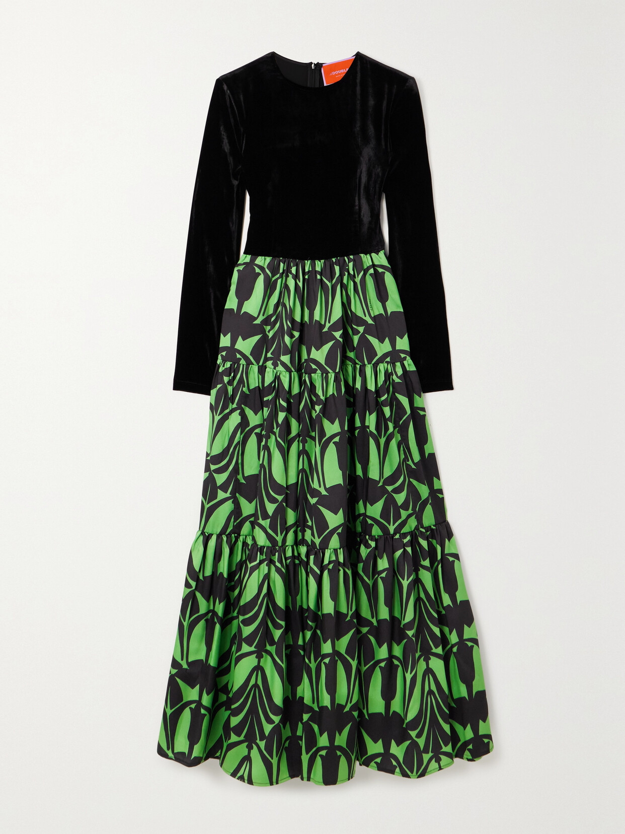 Shop La Doublej Big Velvet And Printed Twill Maxi Dress In Green