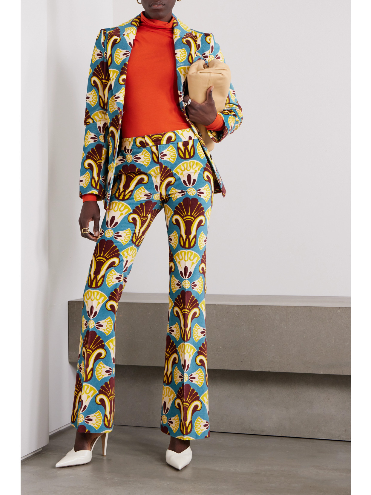 Shop La Doublej Saturday Night Printed Cotton-velvet Flared Pants In Green