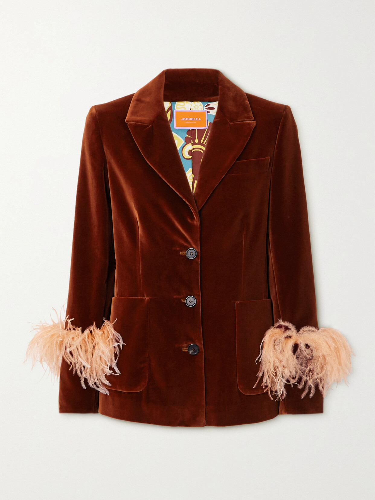 La DoubleJ - Keaton Feather-trimmed Cotton-velvet Blazer - Red