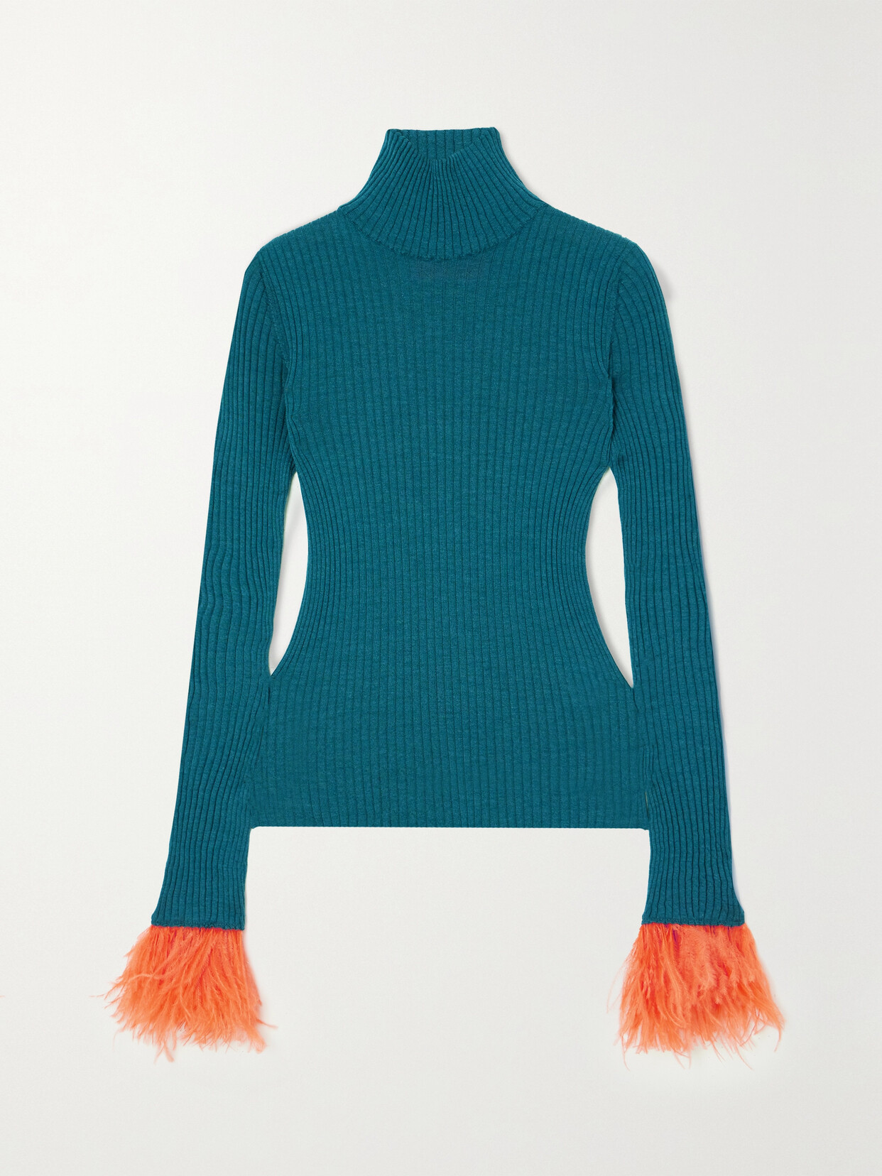 LA DOUBLEJ FEATHER-TRIMMED RIBBED CASHMERE AND SILK-BLEND TURTLENECK SWEATER