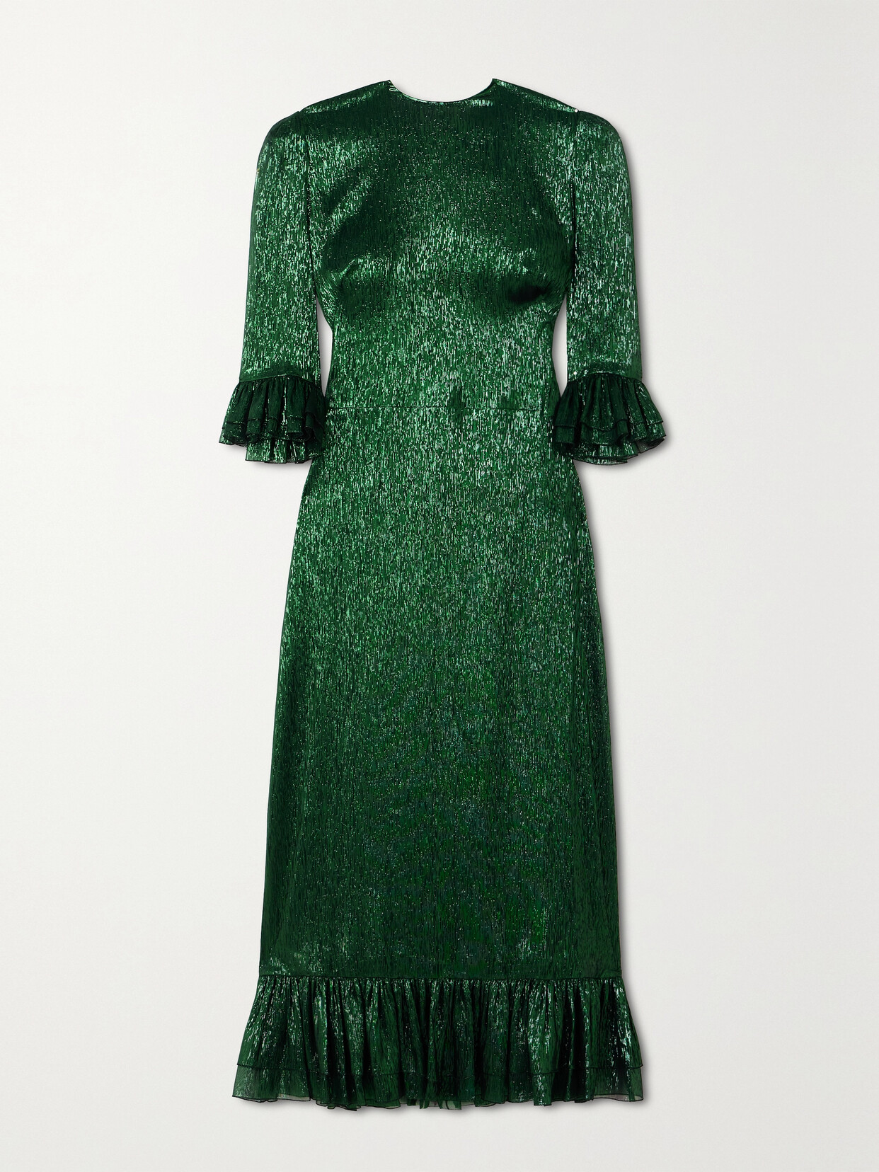 Shop The Vampire's Wife The Falconetti Ruffled Metallic Silk-blend Midi Dress In Green