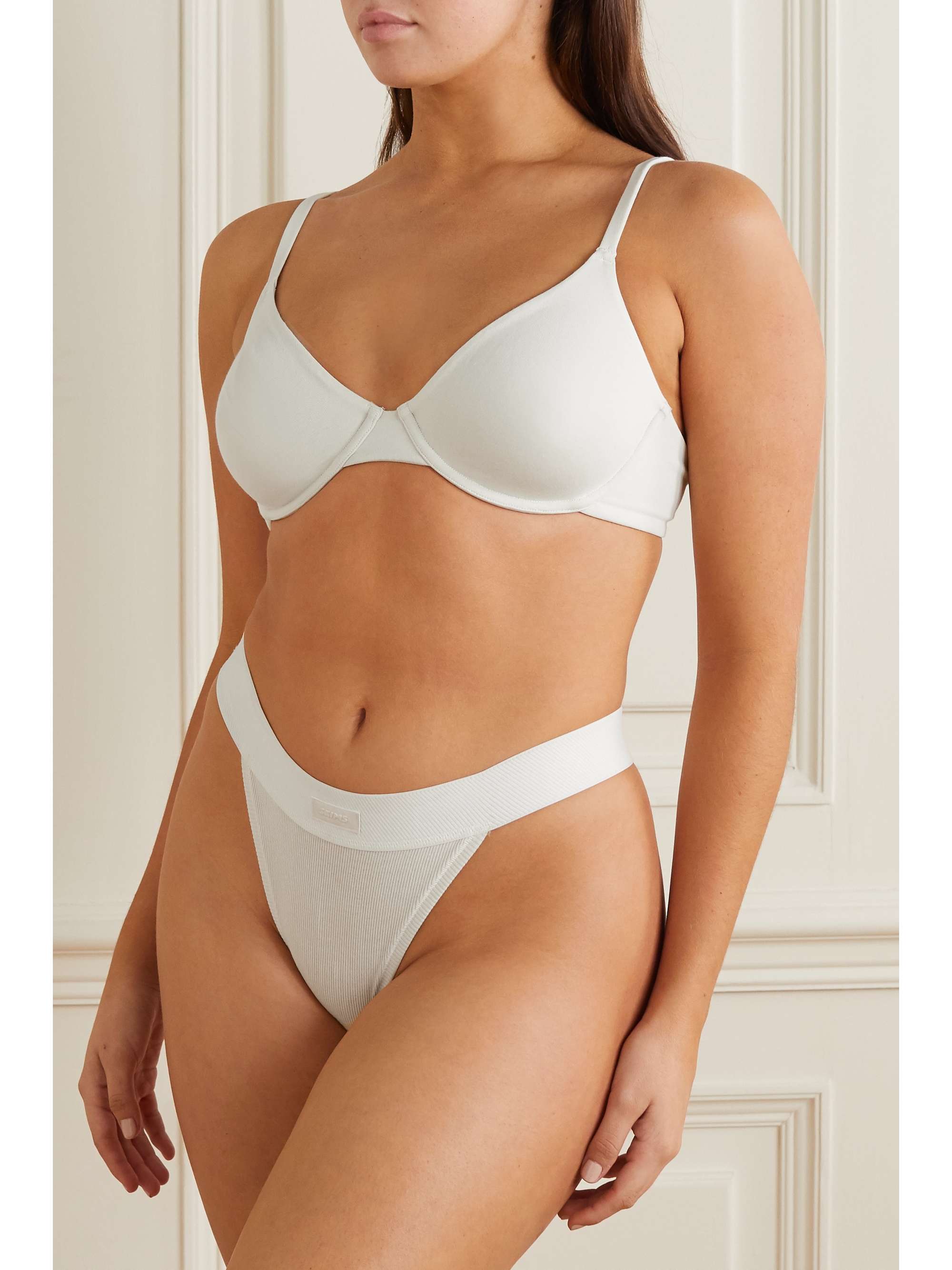 SKIMS Cotton Collection ribbed cotton-blend jersey thong - Soot