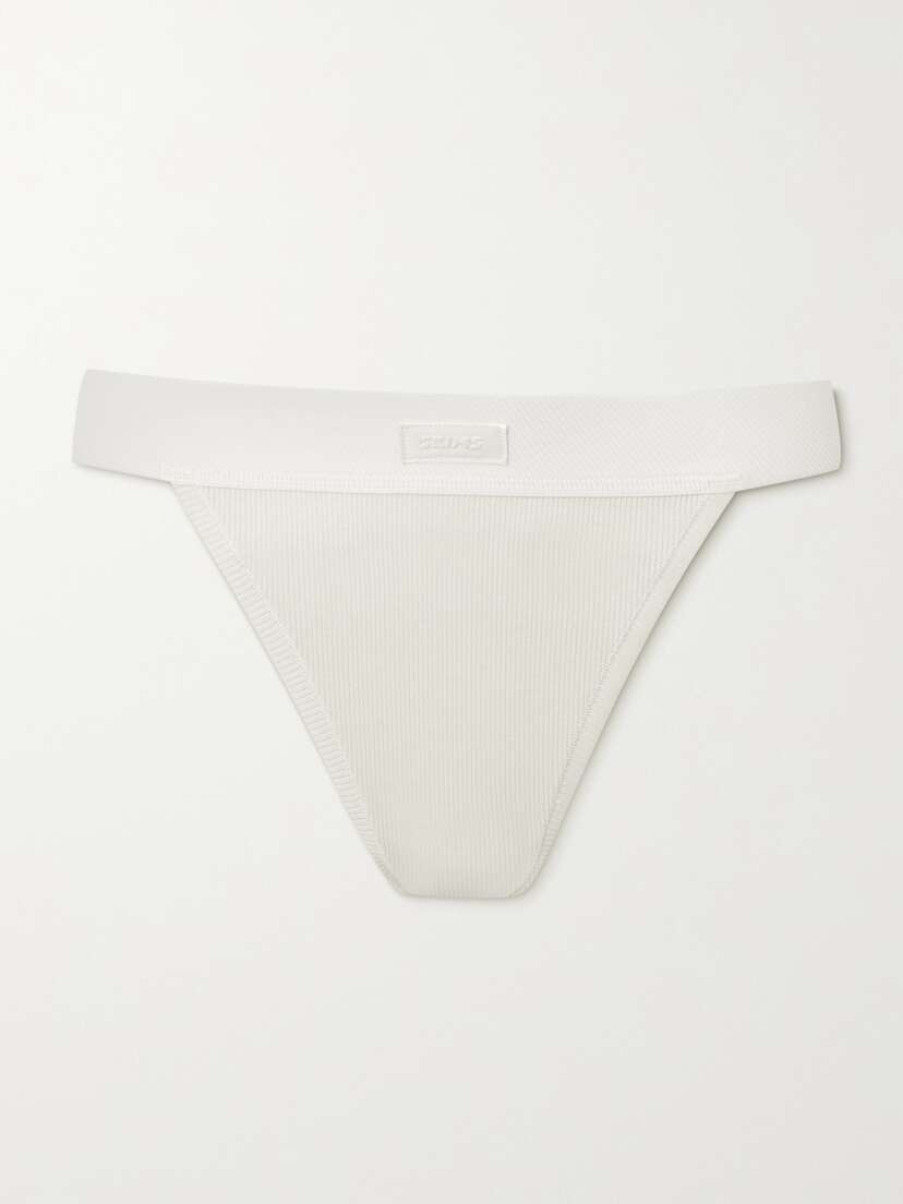 Skims Cotton Collection Ribbed Cotton-blend Jersey Thong - Bone