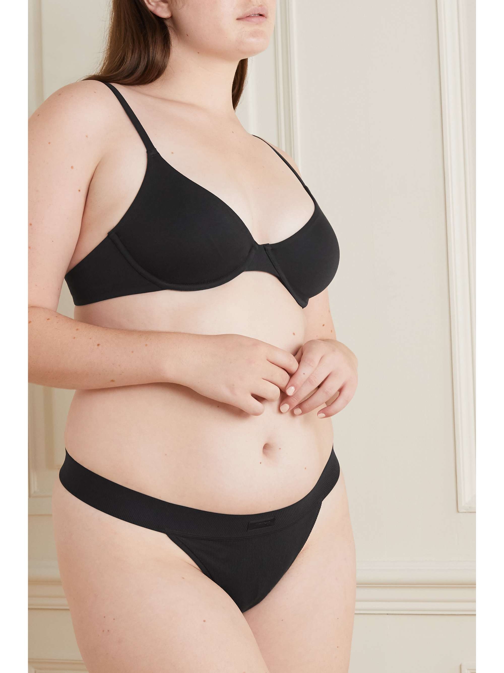 SKIMS Cotton Collection ribbed cotton-blend jersey thong - Soot