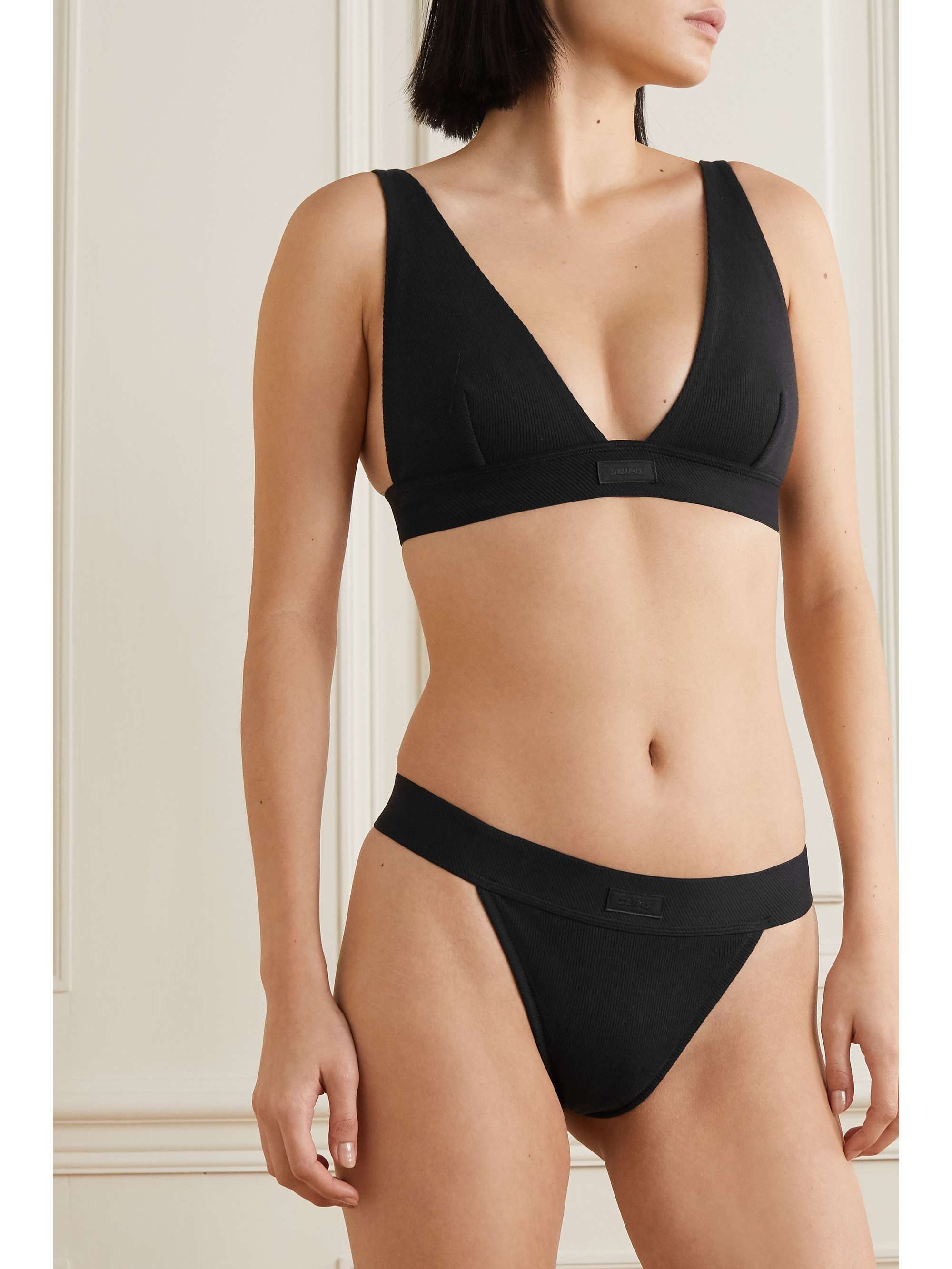 SKIMS Cotton Collection ribbed cotton-blend jersey thong - Soot
